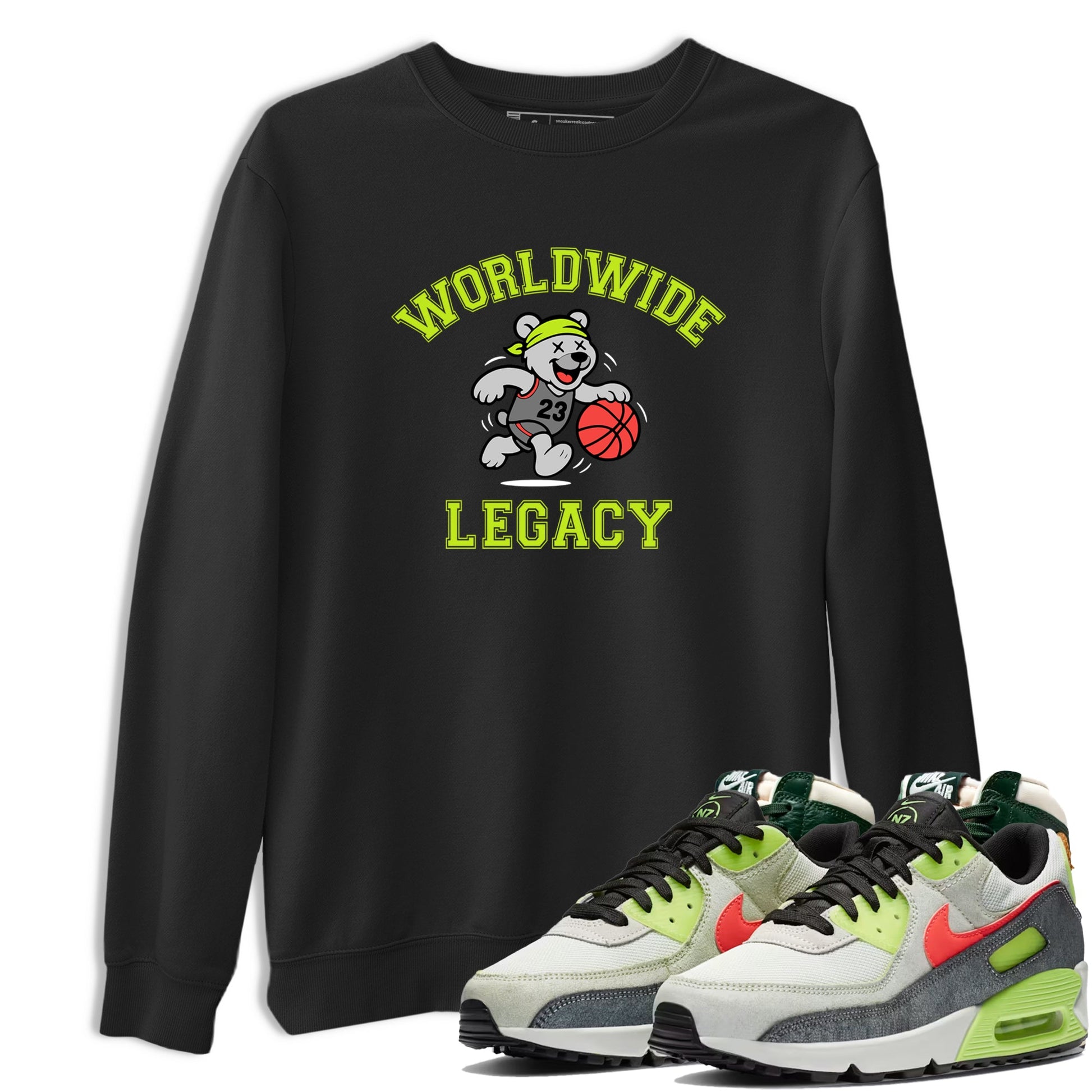 Sneaker Threads – Sneaker Tees To Match Air Max 90 Spruce Aura and Ghost Green – Worldwide Legacy Graphic Tee Black 1. Perfect for Jordan releases 2025 colorways.