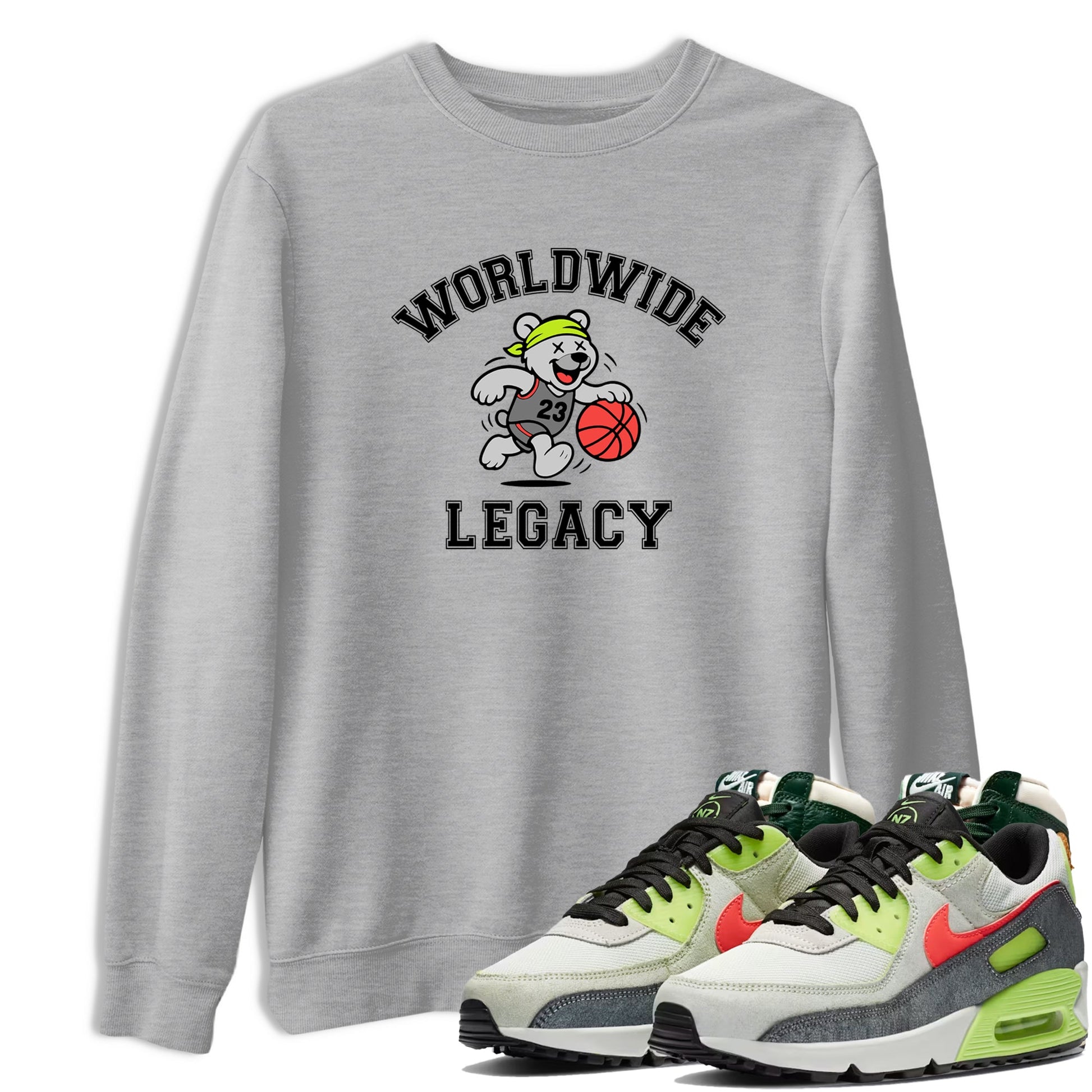 Sneaker Threads – Sneaker Tees To Match Air Max 90 Spruce Aura and Ghost Green – Worldwide Legacy Graphic Tee Heather Grey 1. Perfect for Jordan releases 2025 colorways.