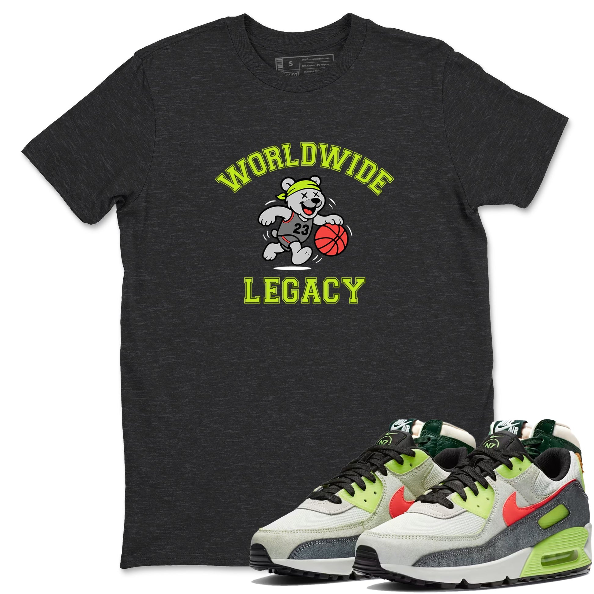 Sneaker Threads – Sneaker Tees To Match Air Max 90 Spruce Aura and Ghost Green – Worldwide Legacy Graphic Tee Charcoal Heather 1. Perfect for Jordan releases 2025 colorways.