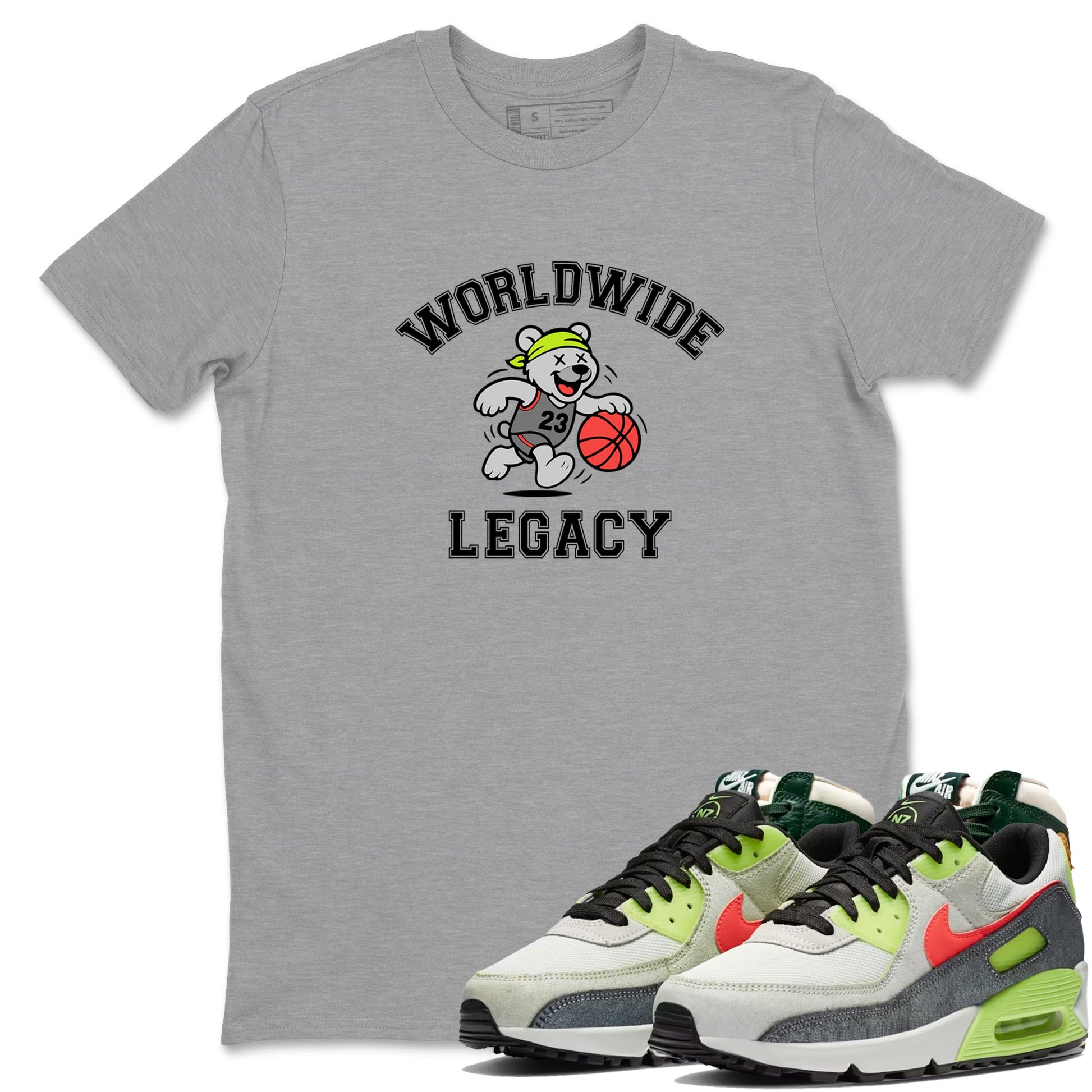 Sneaker Threads – Sneaker Tees To Match Air Max 90 Spruce Aura and Ghost Green – Worldwide Legacy Graphic Tee Heather Grey 1. Perfect for Jordan releases 2025 colorways.
