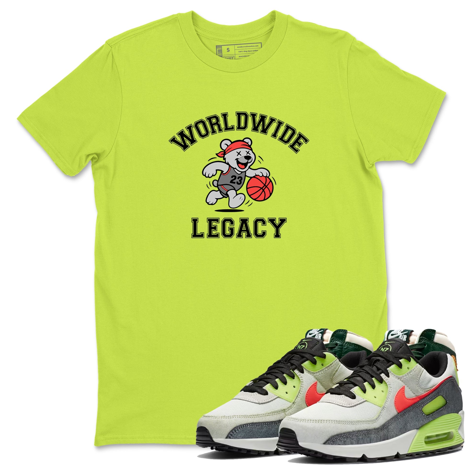 Sneaker Threads – Sneaker Tees To Match Air Max 90 Spruce Aura and Ghost Green – Worldwide Legacy Graphic Tee Safety Green 1. Perfect for Jordan releases 2025 colorways.