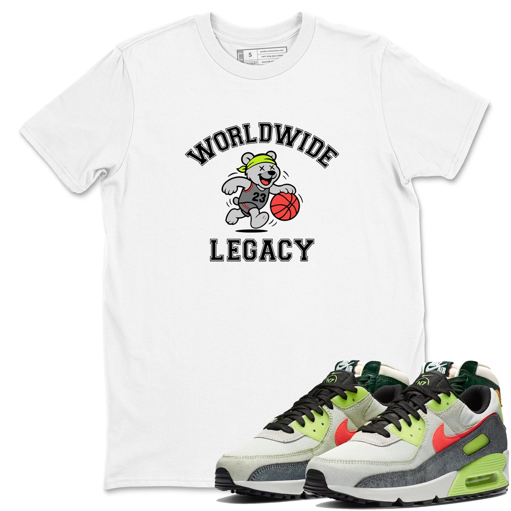 Sneaker Threads – Sneaker Tees To Match Air Max 90 Spruce Aura and Ghost Green – Worldwide Legacy Graphic Tee White 1. Perfect for Jordan releases 2025 colorways.