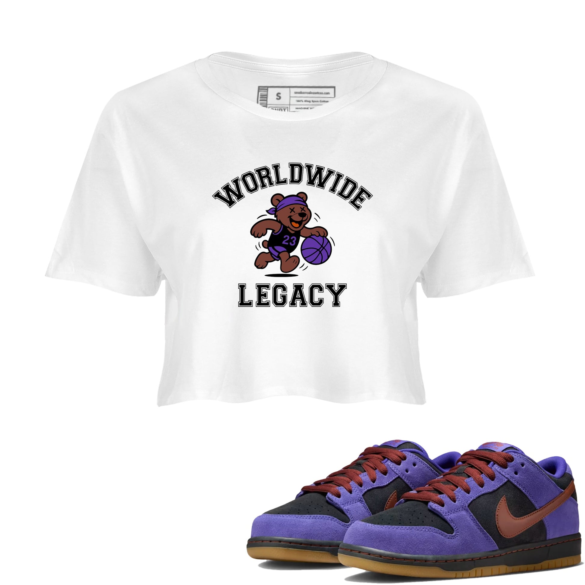 Sneaker Threads – Sneaker Tees To Match Dunk Low Persian Violet – Worldwide Legacy Crop Tee White 1. Perfect for Jordan releases 2025 colorways.