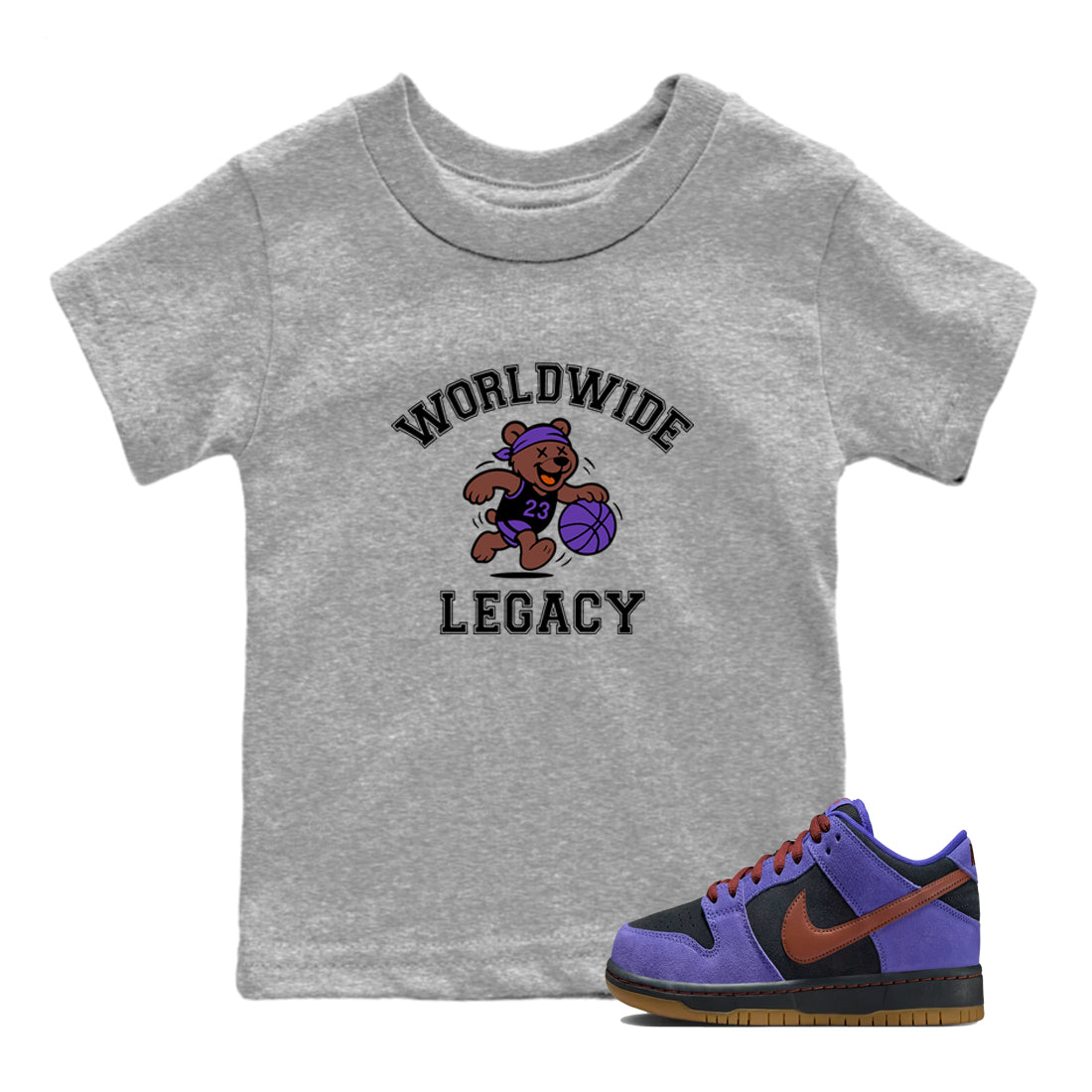 Sneaker Threads – Sneaker Tees To Match Dunk Low Persian Violet – Worldwide Legacy Youth Graphic Tee Heather Grey 1. Perfect for Jordan releases 2025 colorways.