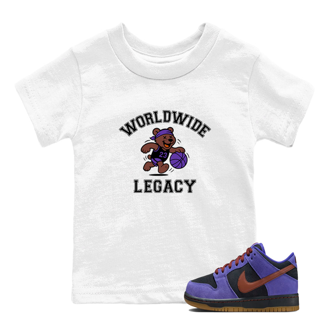 Sneaker Threads – Sneaker Tees To Match Dunk Low Persian Violet – Worldwide Legacy Youth Graphic Tee White 1. Perfect for Jordan releases 2025 colorways.