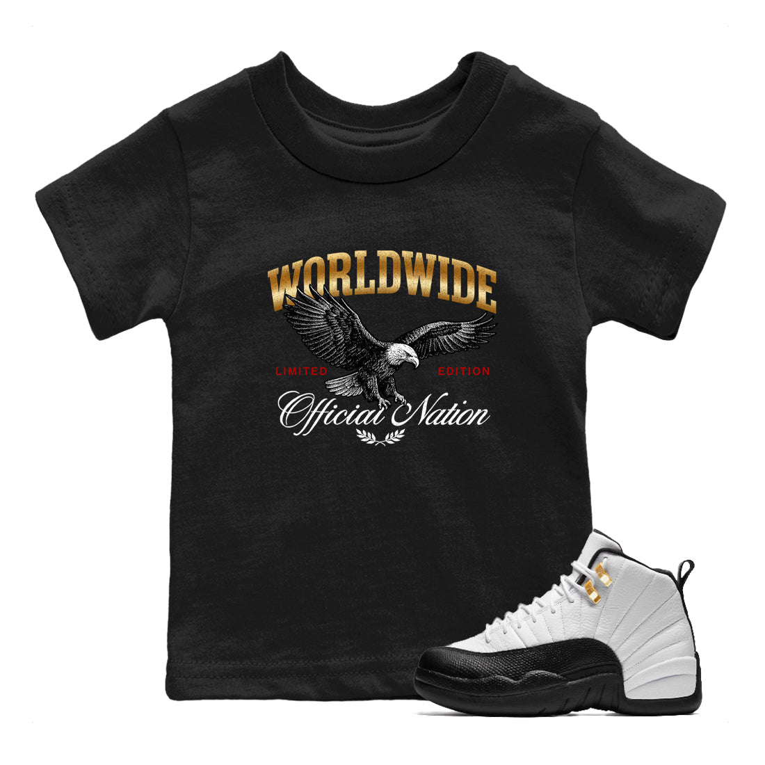 Sneaker match tees – Sneaker Tees To Match Air Jordan 12 Taxi Shoes – Worldwide Official Nation Kids T-Shirt Black 1