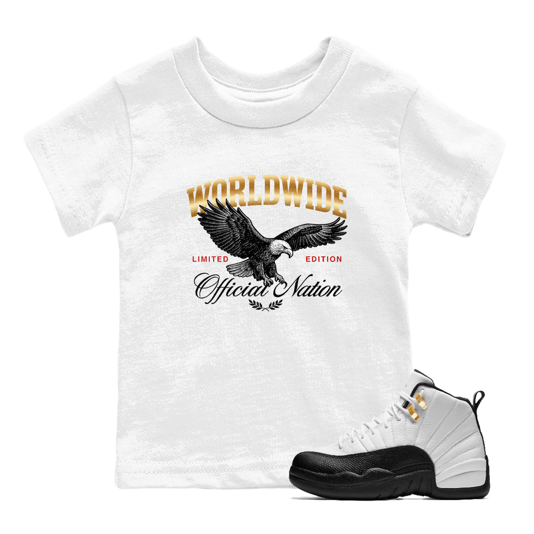 Sneaker match tees – Sneaker Tees To Match Air Jordan 12 Taxi Shoes – Worldwide Official Nation Kids T-Shirt White 1