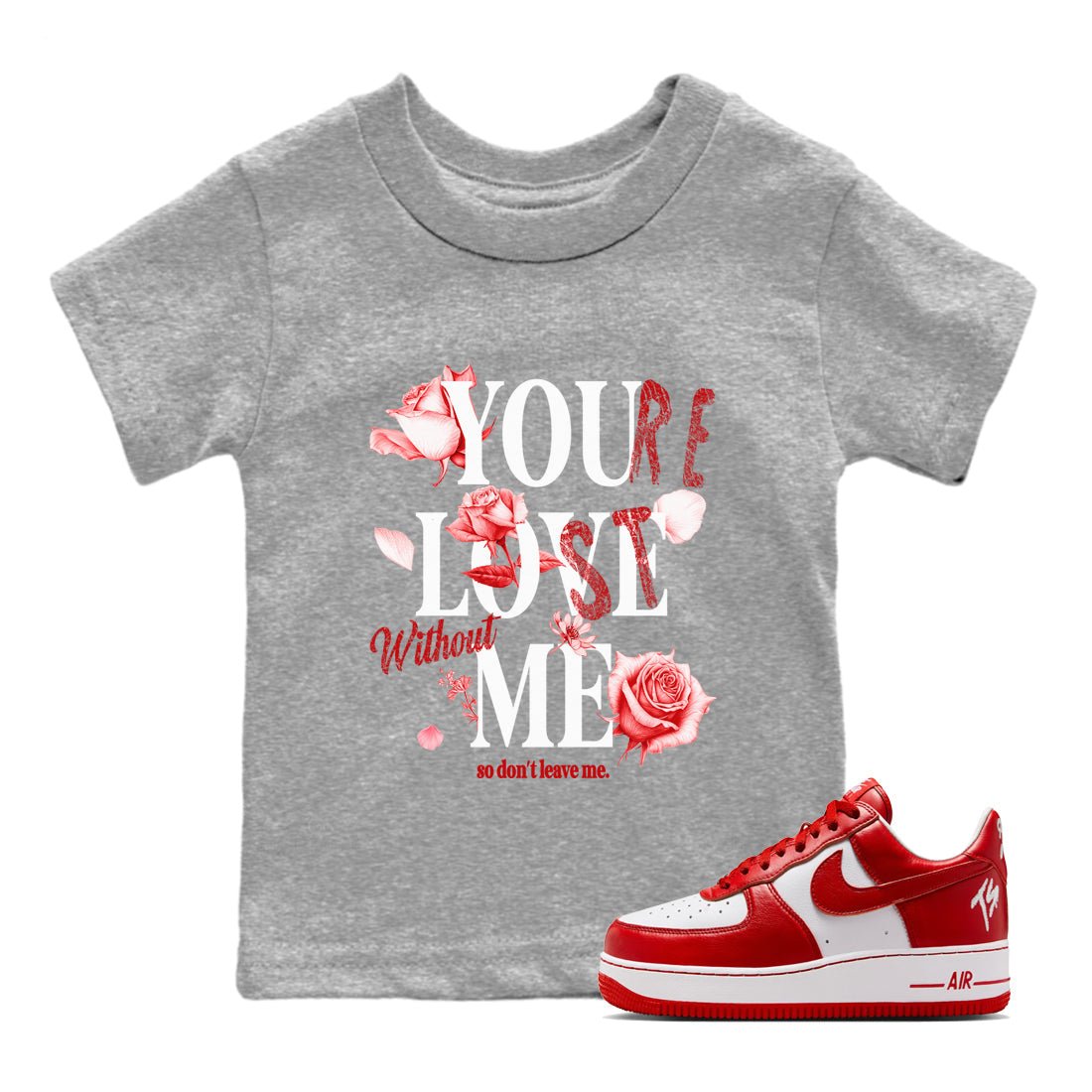 You Love Me baby and kids t-shirt crafted for little sneakerheads to shine with the Air Force 1 University Red sneakers, displayed in Heather Grey 1.