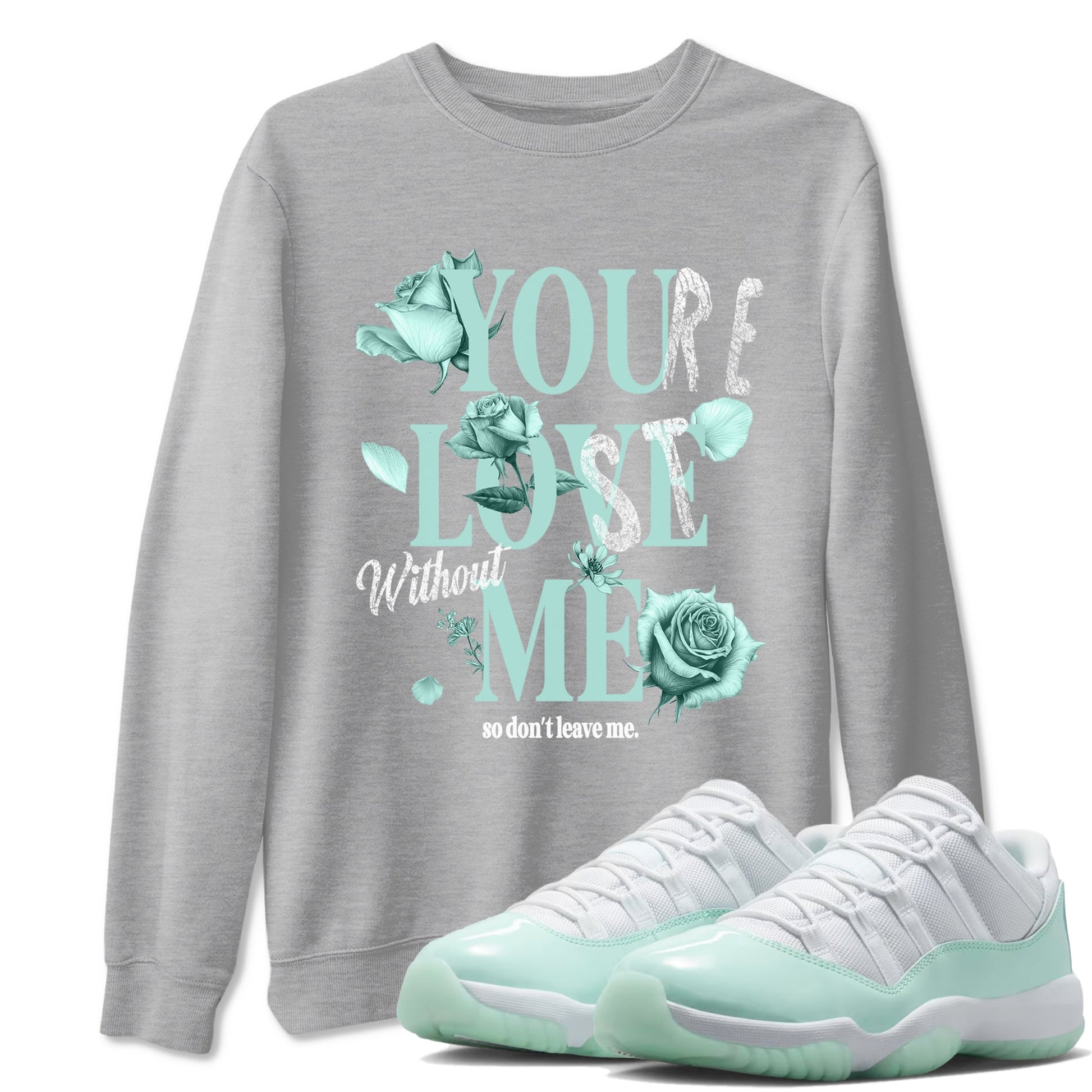 You Love Me sneaker match t-shirt styled to complete your fit with the Air Jordan 11 Igloo sneakers, shown in Heather Grey 1.