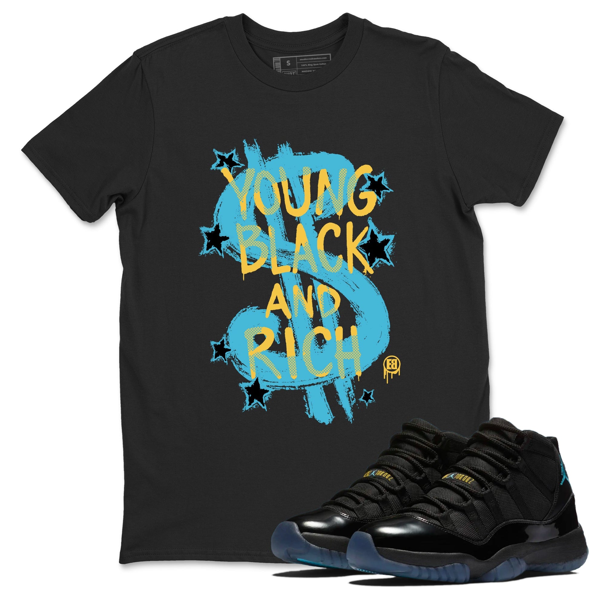 Sneaker Threads – Sneaker Tees To Match Air Jordan 11 Gamma – Young Black And Rich Graphic Tee Black 1. Perfect for Jordan releases 2025 colorways.