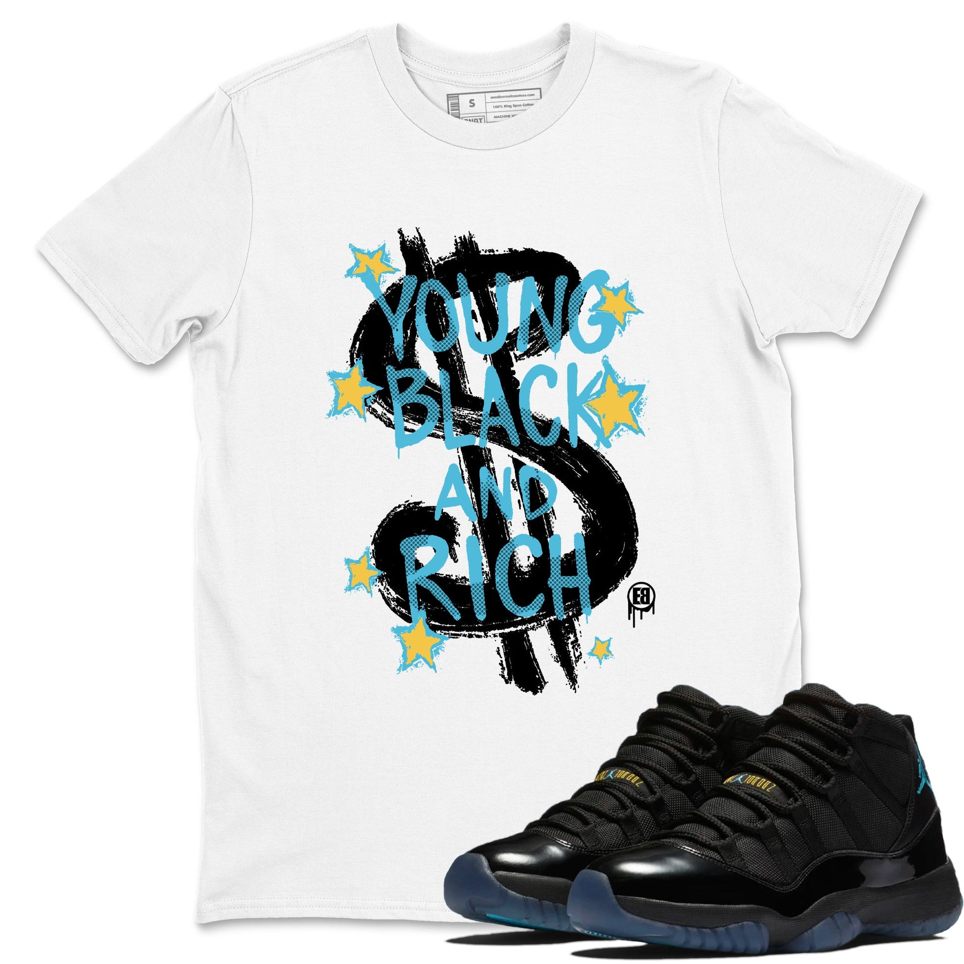 Sneaker Threads – Sneaker Tees To Match Air Jordan 11 Gamma – Young Black And Rich Graphic Tee White 1. Perfect for Jordan releases 2025 colorways.