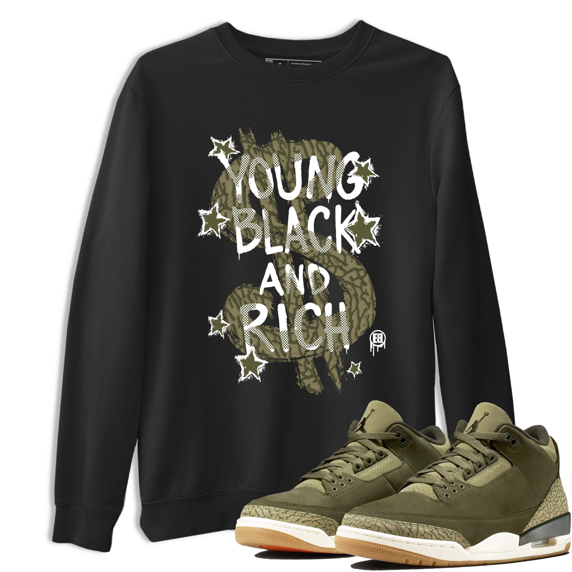 Sneaker Threads – Sneaker Tees To Match Air Jordan 3 Medium Olive – Young Black And Rich Graphic Tee Black 1. Perfect for Jordan releases 2025 colorways.