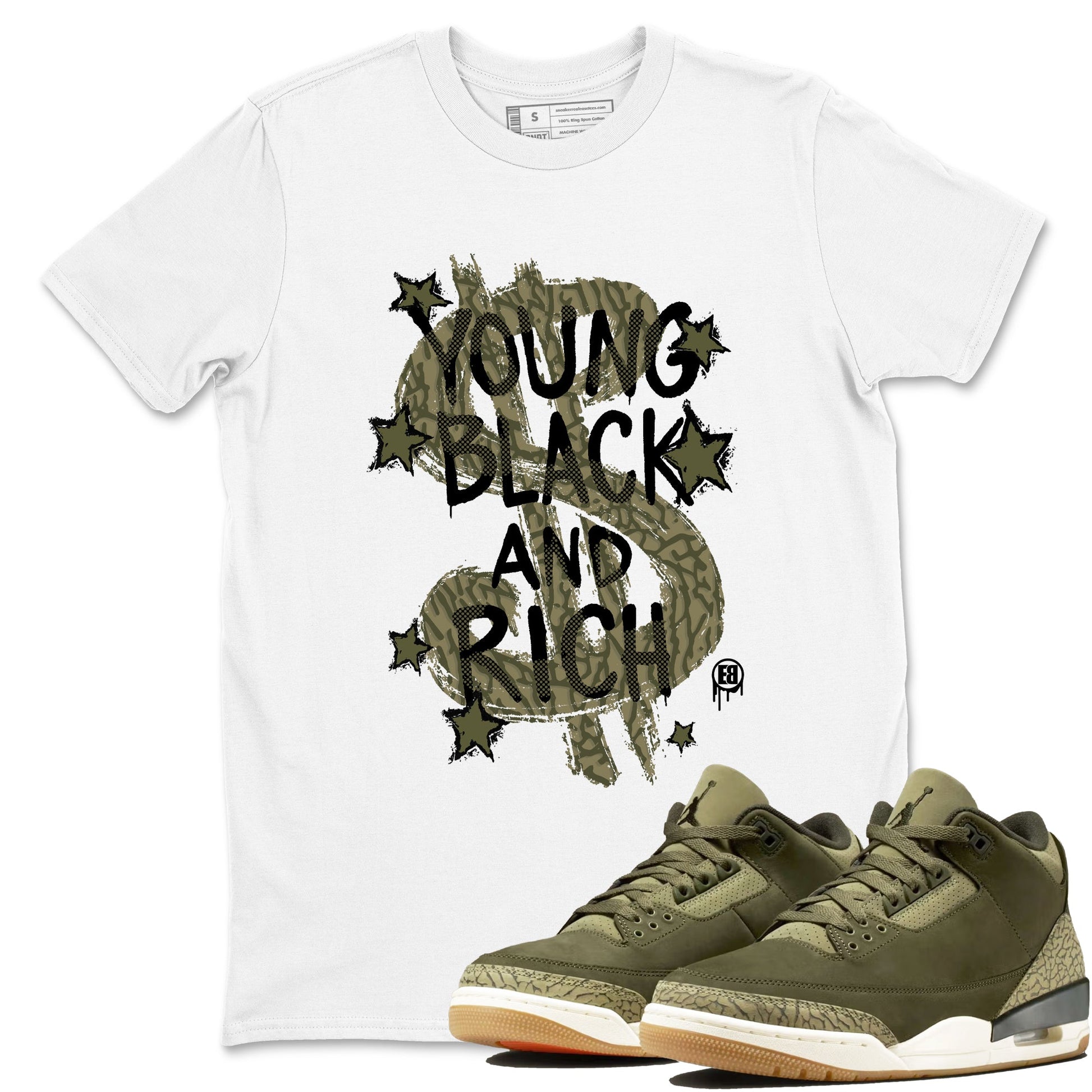 Sneaker Threads – Sneaker Tees To Match Air Jordan 3 Medium Olive – Young Black And Rich Graphic Tee White 1. Perfect for Jordan releases 2025 colorways.