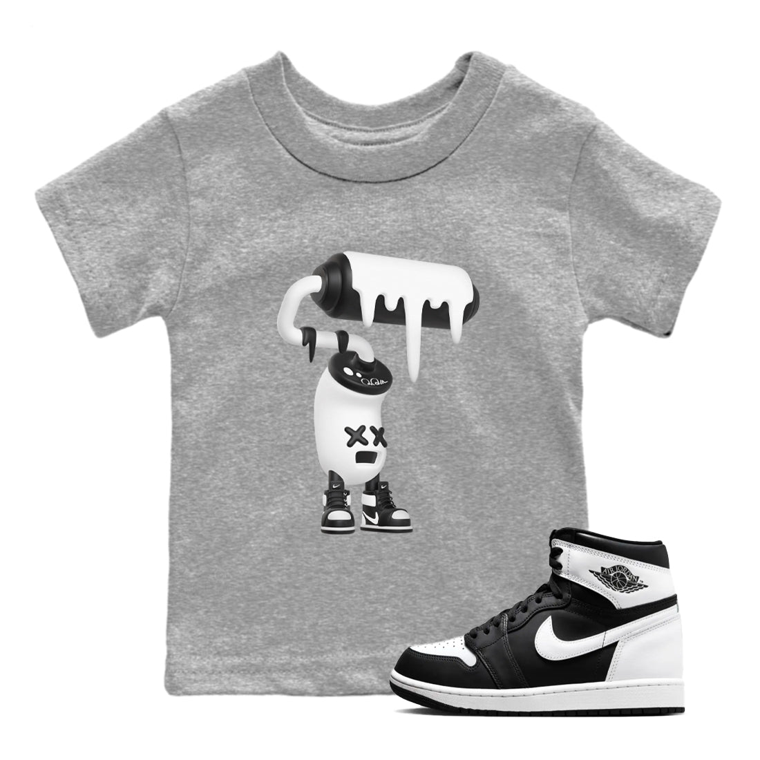1s Black White shirt to match jordans 3D Paint Roller sneaker tees Air Jordan 1 High OG Black White SNRT sneaker release tees baby toddler Heather Grey 1 cotton Shirt