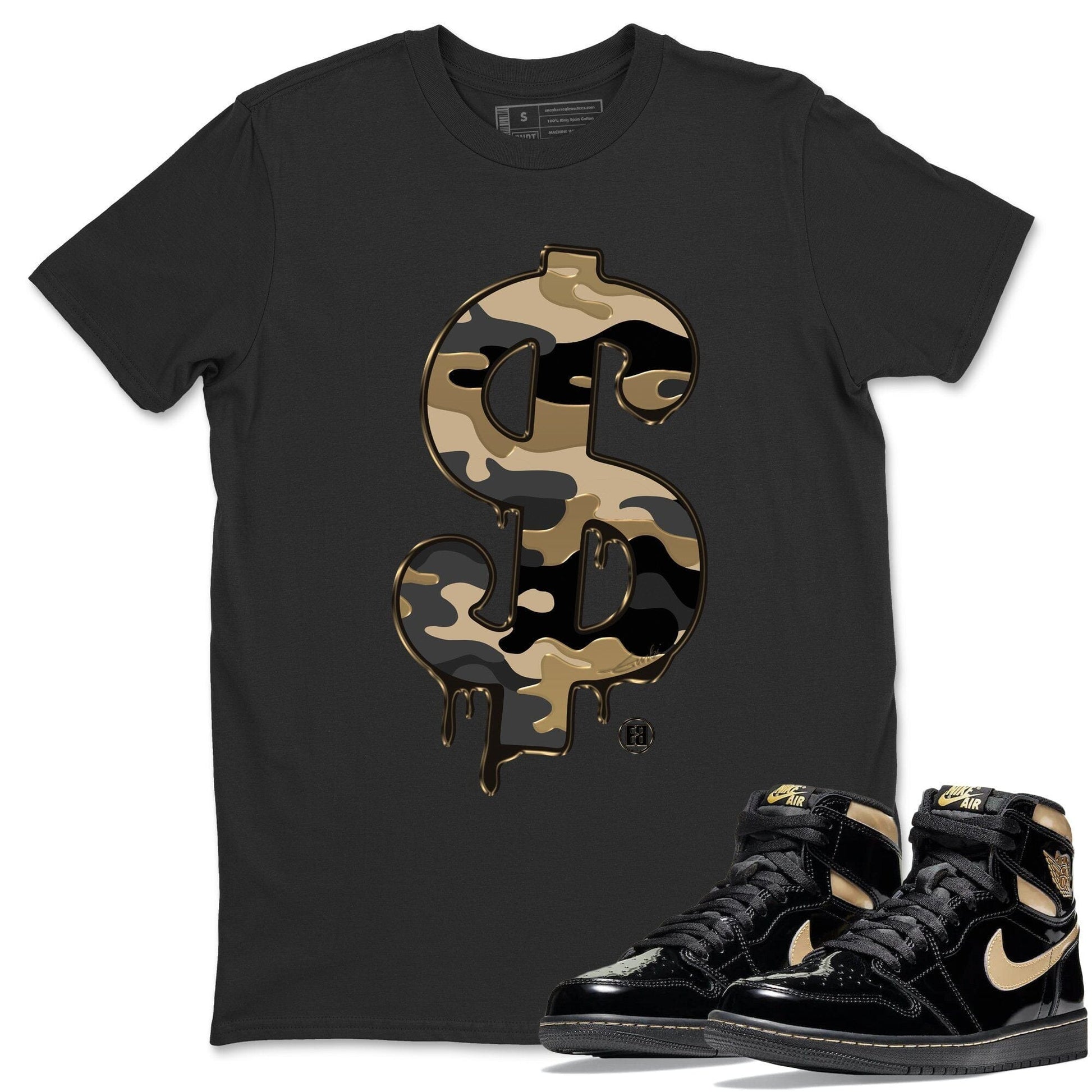 Jordan 1 Black Metallic Gold Sneaker Match Tees Dollar Camo Sneaker Tees Jordan 1 Black Metallic Gold Sneaker Release Tees Unisex Shirts