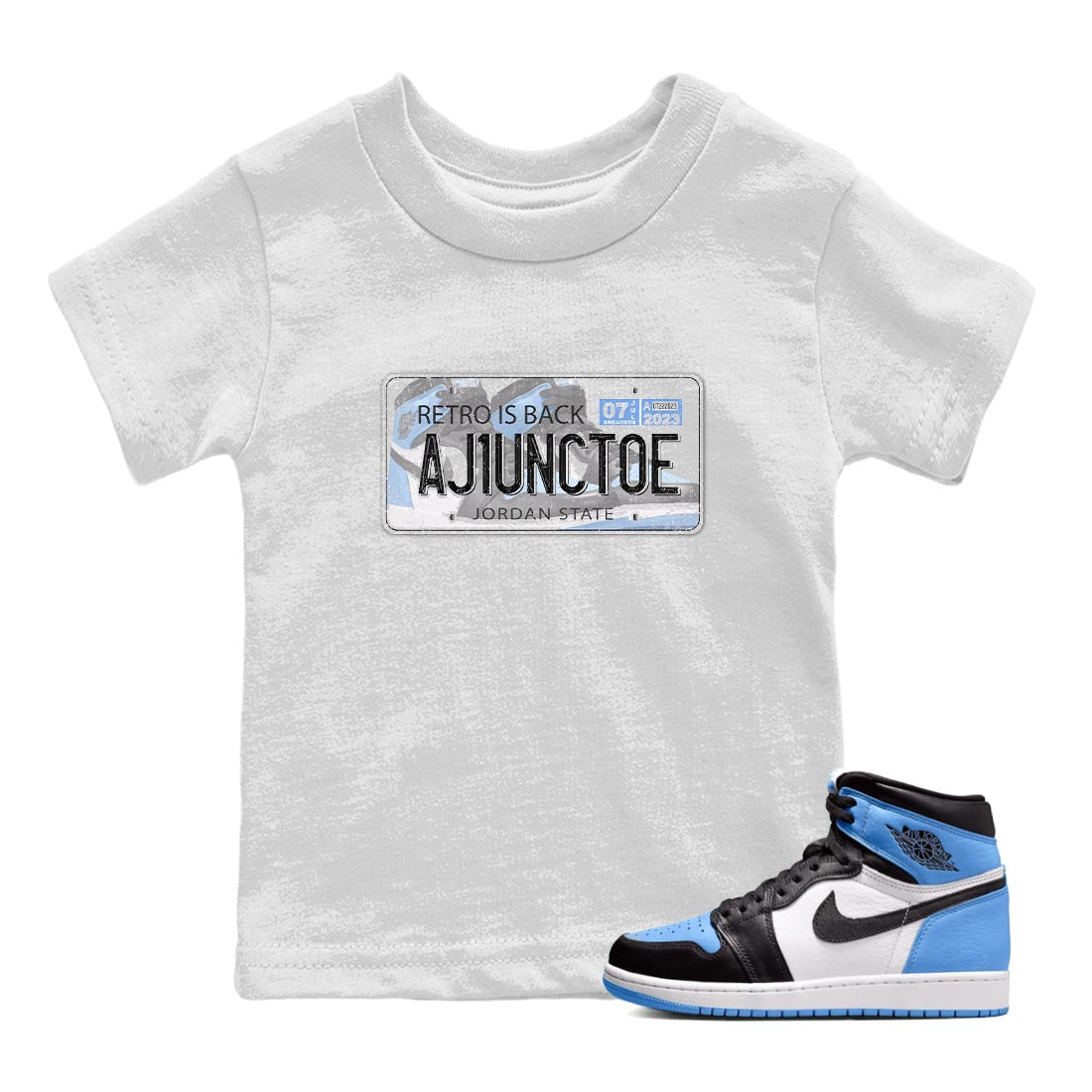 Air Jordan 1 Retro High OG University Blue shirt to match jordans Jordan Plate sneaker tees Air Jordan 1 UNC Toe SNRT Sneaker Release Tees Baby Toddler White 1 T-Shirt