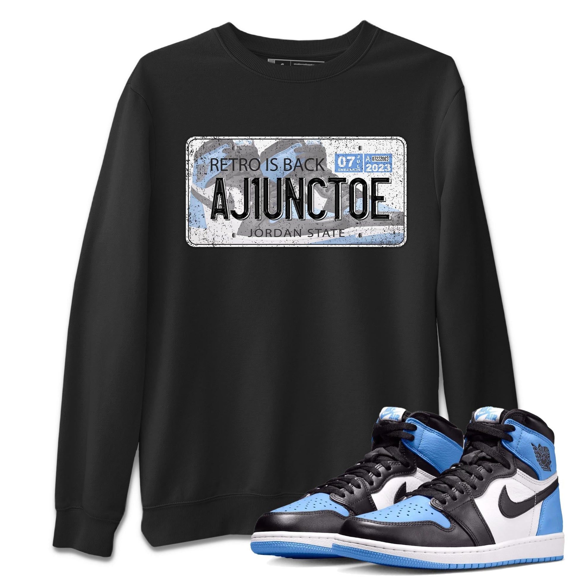 Air Jordan 1 Retro High OG University Blue shirt to match jordans Jordan Plate sneaker tees Air Jordan 1 UNC Toe SNRT Sneaker Release Tees Unisex Black 1 T-Shirt