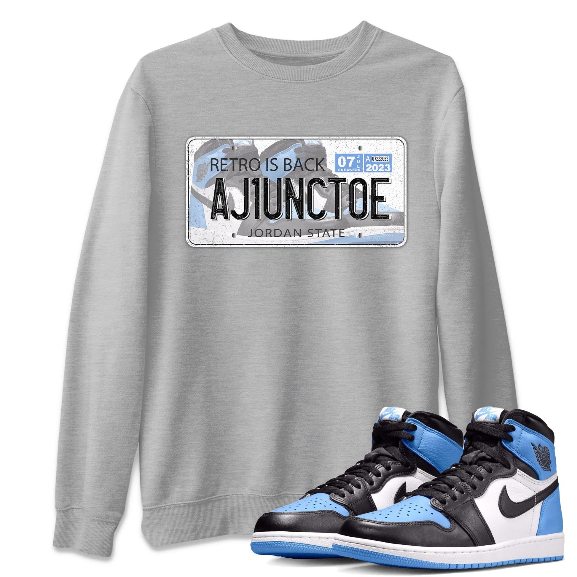 Air Jordan 1 Retro High OG University Blue shirt to match jordans Jordan Plate sneaker tees Air Jordan 1 UNC Toe SNRT Sneaker Release Tees Unisex Heather Grey 1 T-Shirt
