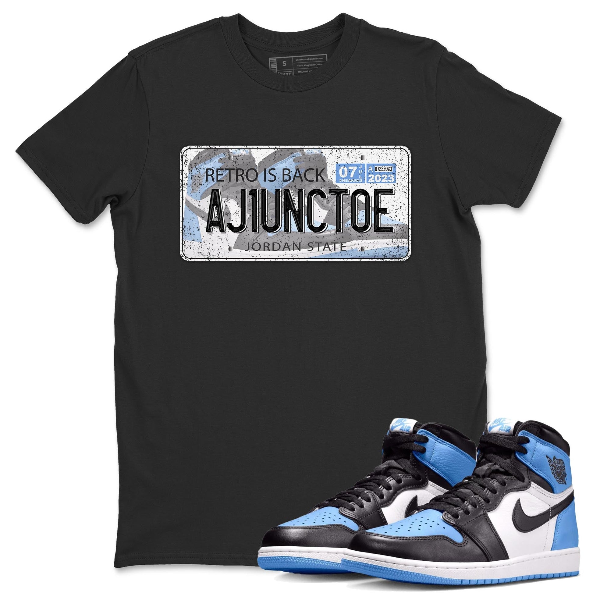 Air Jordan 1 Retro High OG University Blue shirt to match jordans Jordan Plate sneaker tees Air Jordan 1 UNC Toe SNRT Sneaker Release Tees Unisex Black 1 T-Shirt