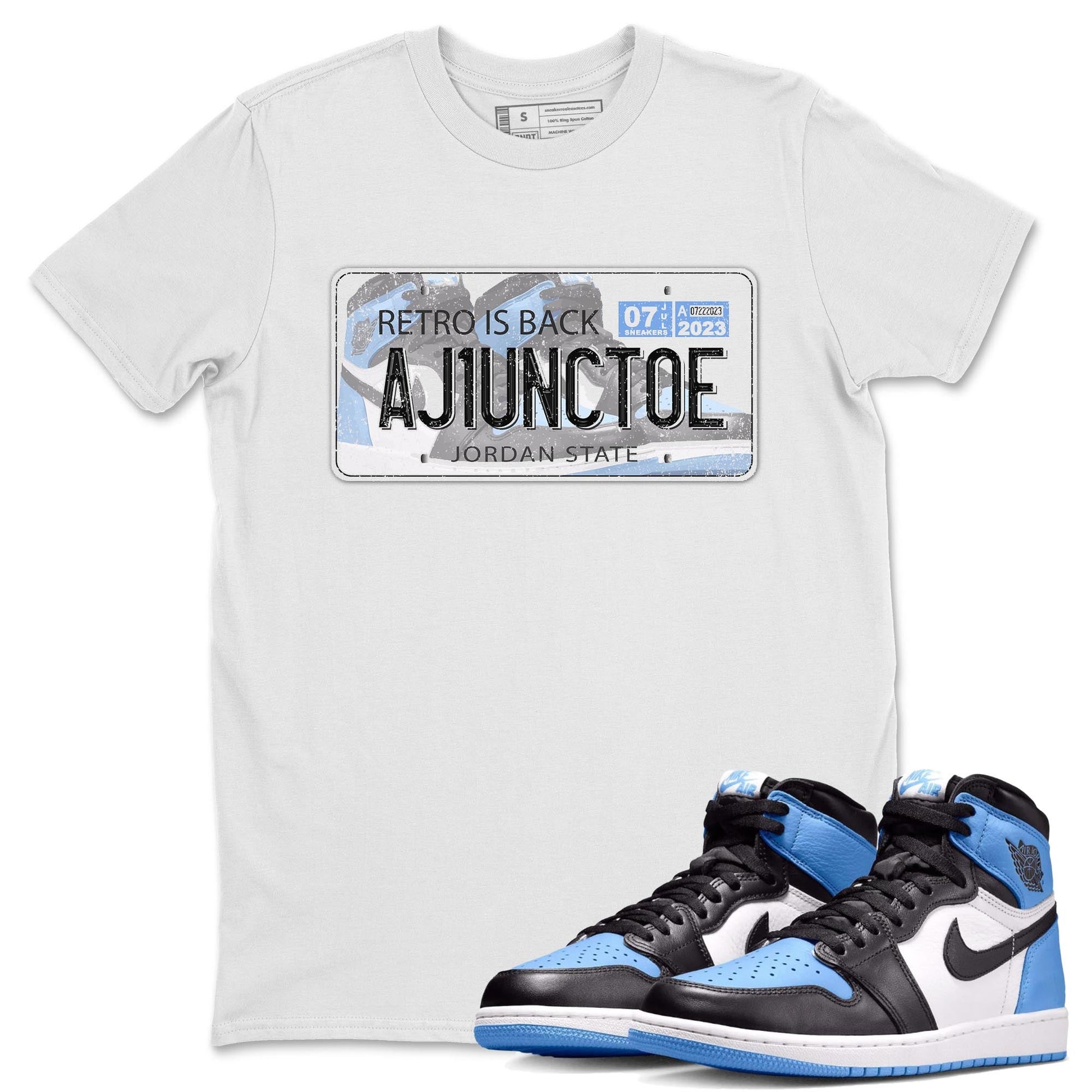 Air Jordan 1 Retro High OG University Blue shirt to match jordans Jordan Plate sneaker tees Air Jordan 1 UNC Toe SNRT Sneaker Release Tees Unisex White 1 T-Shirt