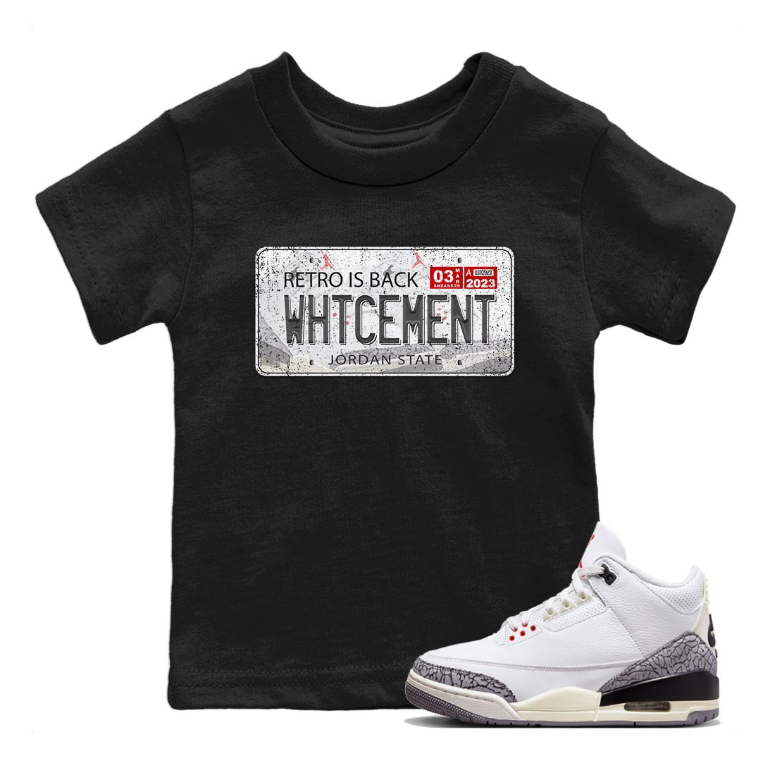 Air Jordan 3 White Cement Sneaker Match Tees Jordan Plate Sneaker Tees AJ 3s White Cement Sneaker Release Tees Kids Shirts Black 1