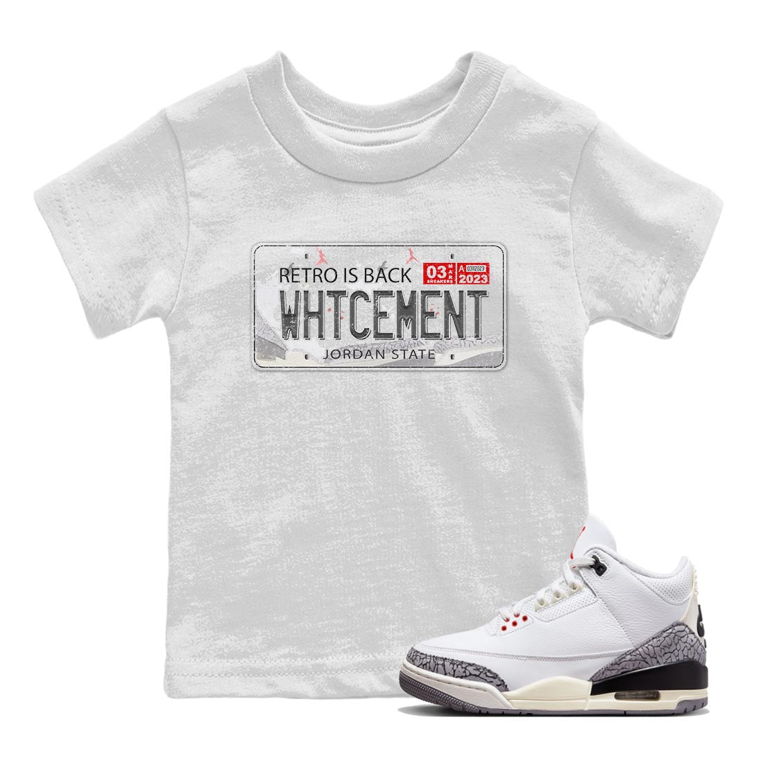 Air Jordan 3 White Cement Sneaker Match Tees Jordan Plate Sneaker Tees AJ 3s White Cement Sneaker Release Tees Kids Shirts White 1