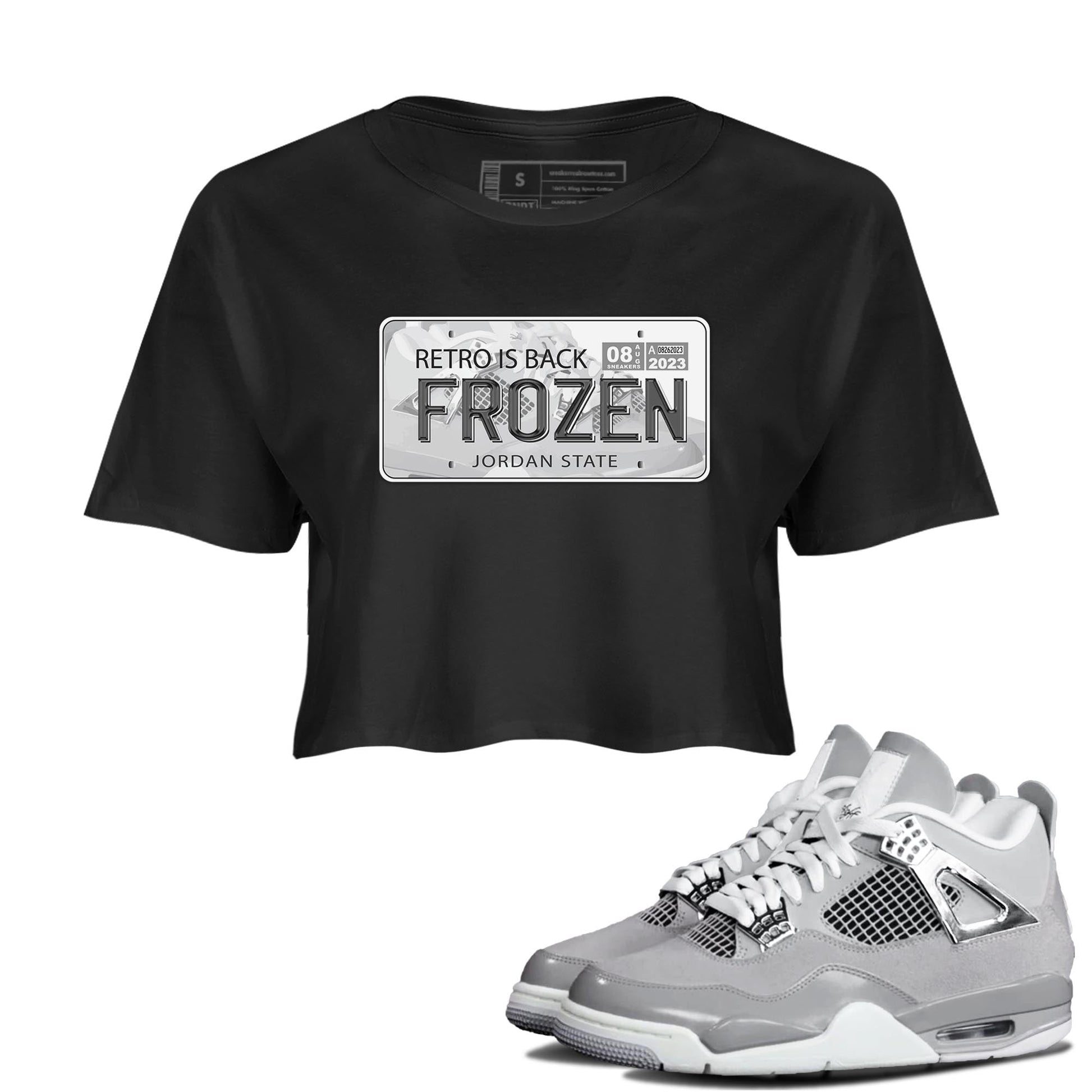 AJ4 Frozen Moments shirt to match jordans Jordan Plate sneaker tees Crew Neck AJ4 Frozen Moments SNRT Sneaker Release Tees Black 1 Crop T-Shirt