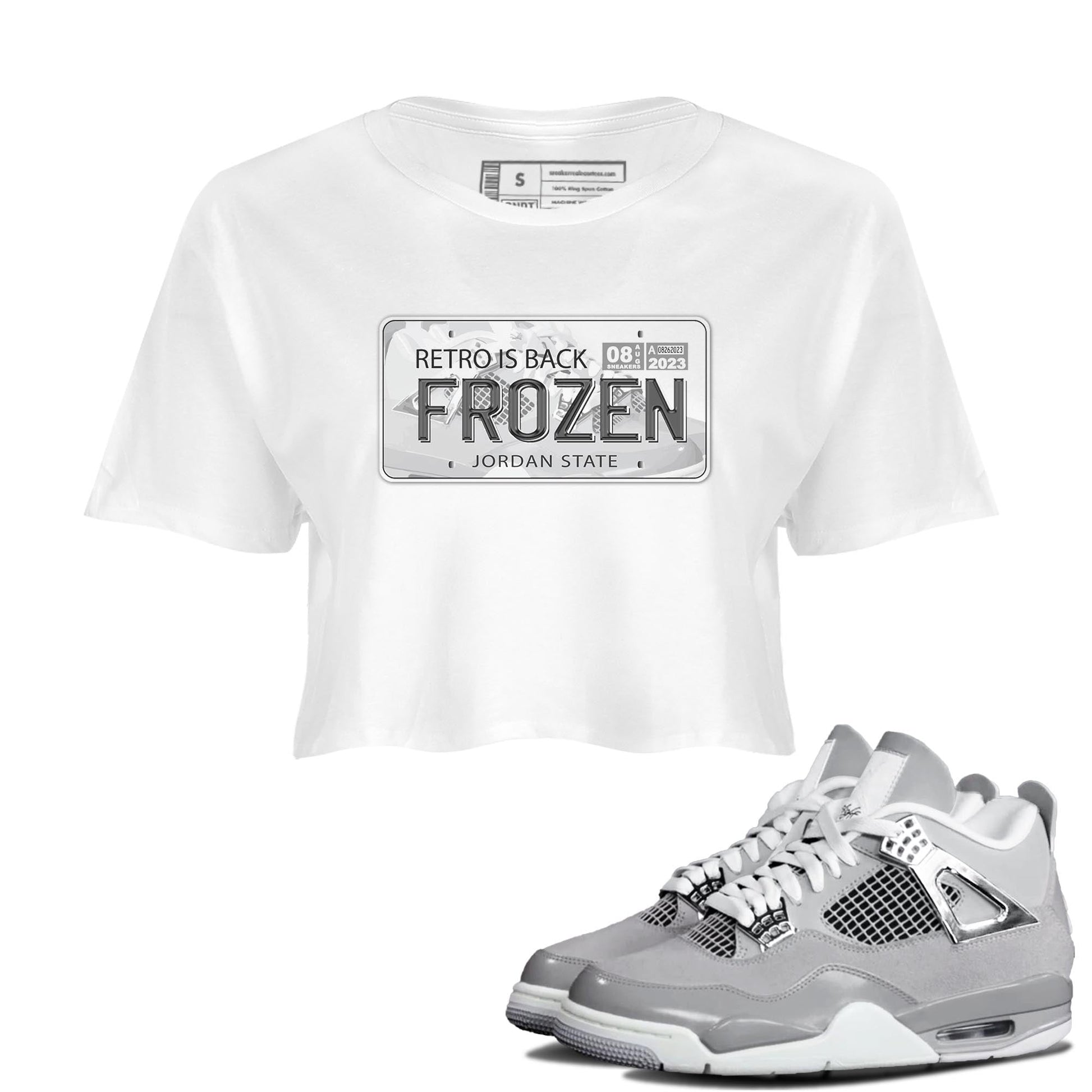 AJ4 Frozen Moments shirt to match jordans Jordan Plate sneaker tees Crew Neck AJ4 Frozen Moments SNRT Sneaker Release Tees White 1 Crop T-Shirt
