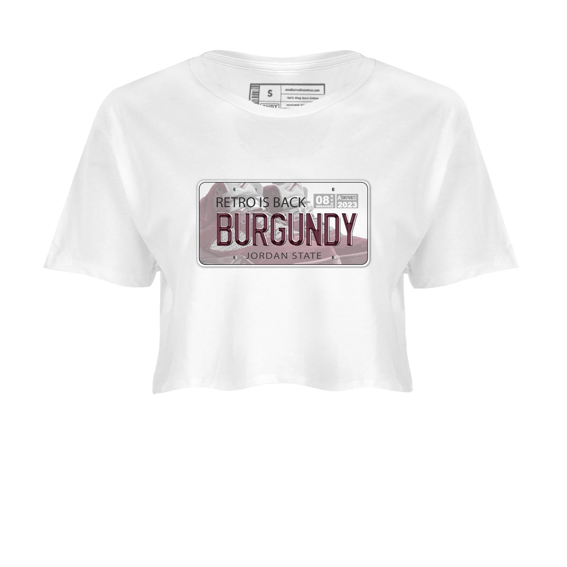 Jordan 5 Burgundy shirt to match jordans Jordan Plate sneaker tees Crew Neck AJ5 Burgundy SNRT Sneaker Release Tees White 2 Crop T-Shirt