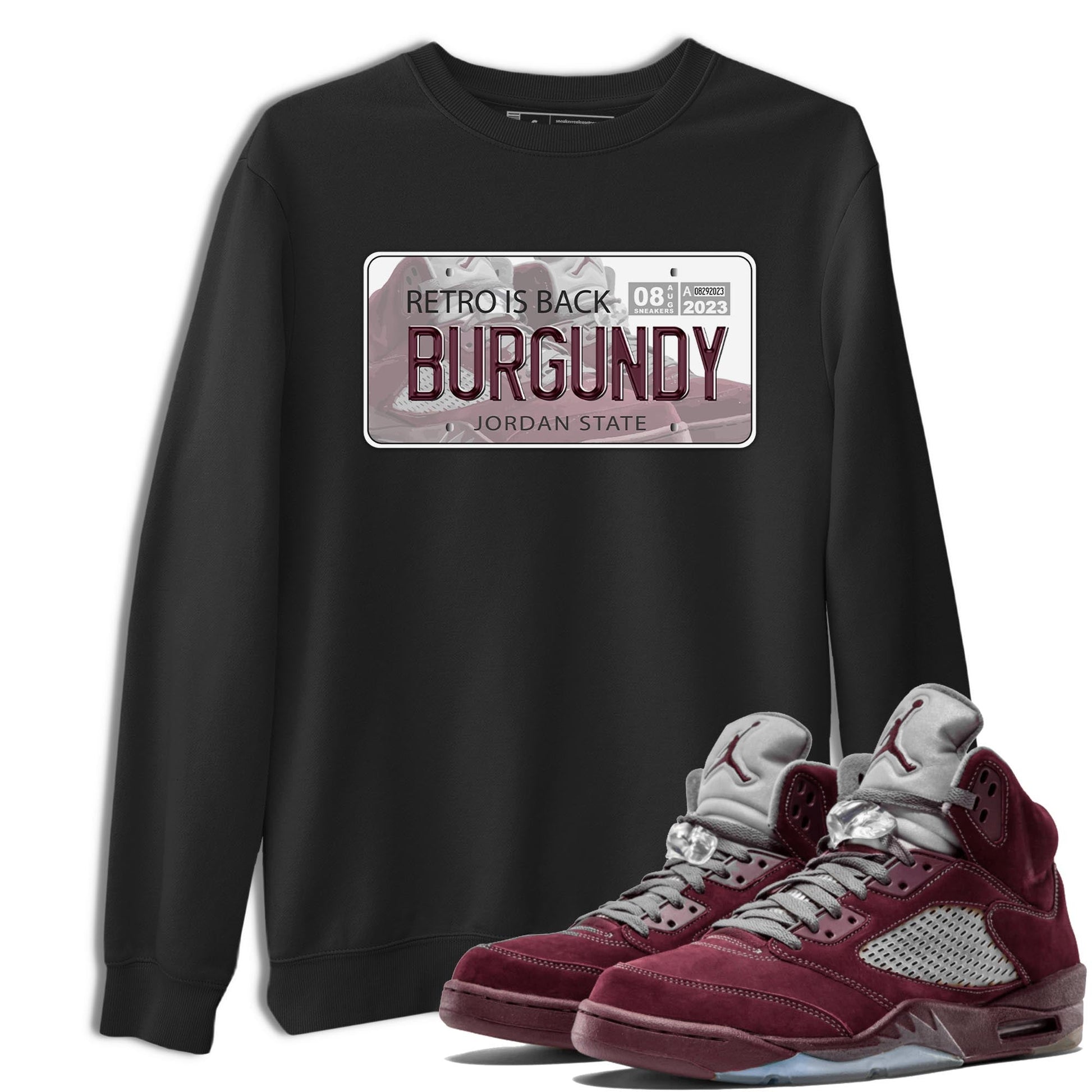 Jordan 5 Burgundy shirt to match jordans Jordan Plate sneaker tees Crew Neck AJ5 Burgundy SNRT Sneaker Release Tees Unisex Casual Shirts Black 1 T-Shirt