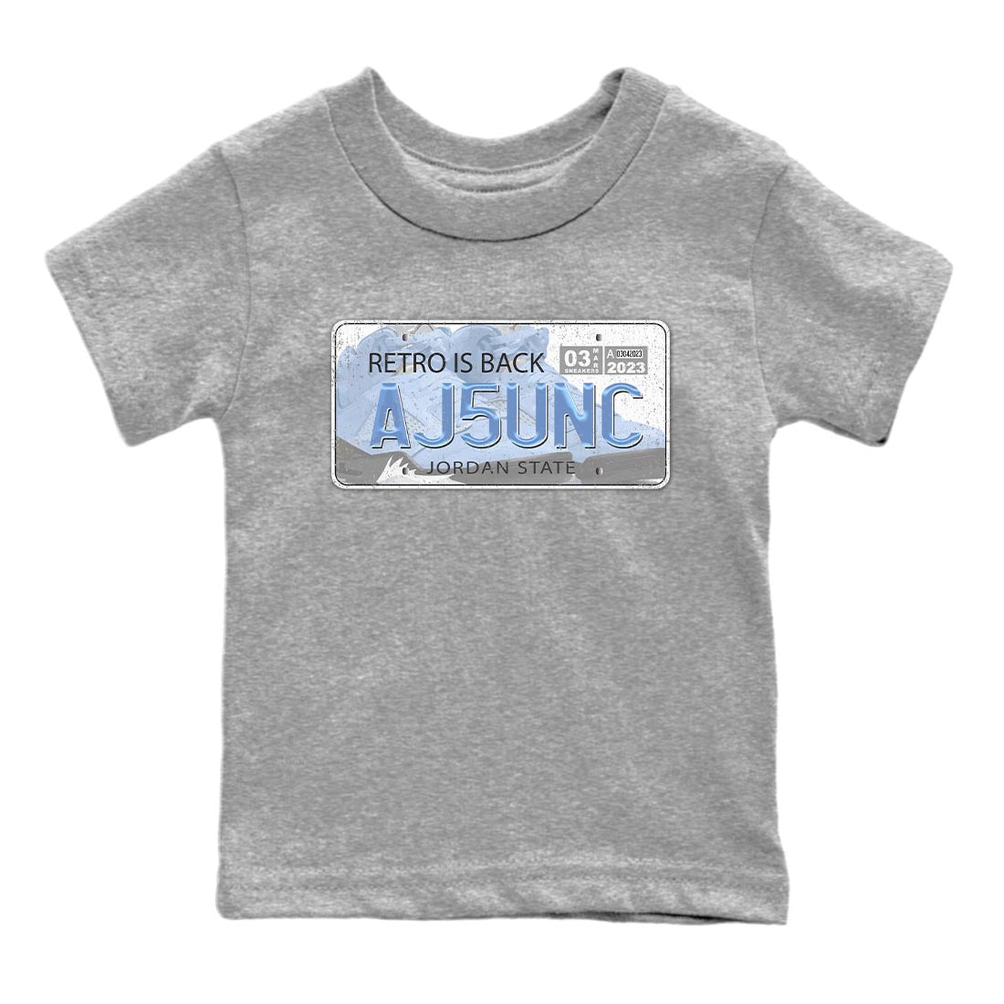 Jordan 5 UNC Jordan Shirts Jordan Plate Sneaker Tees AJ 5s UNC Sneaker Release Tees Kids Shirts Heather Grey 2