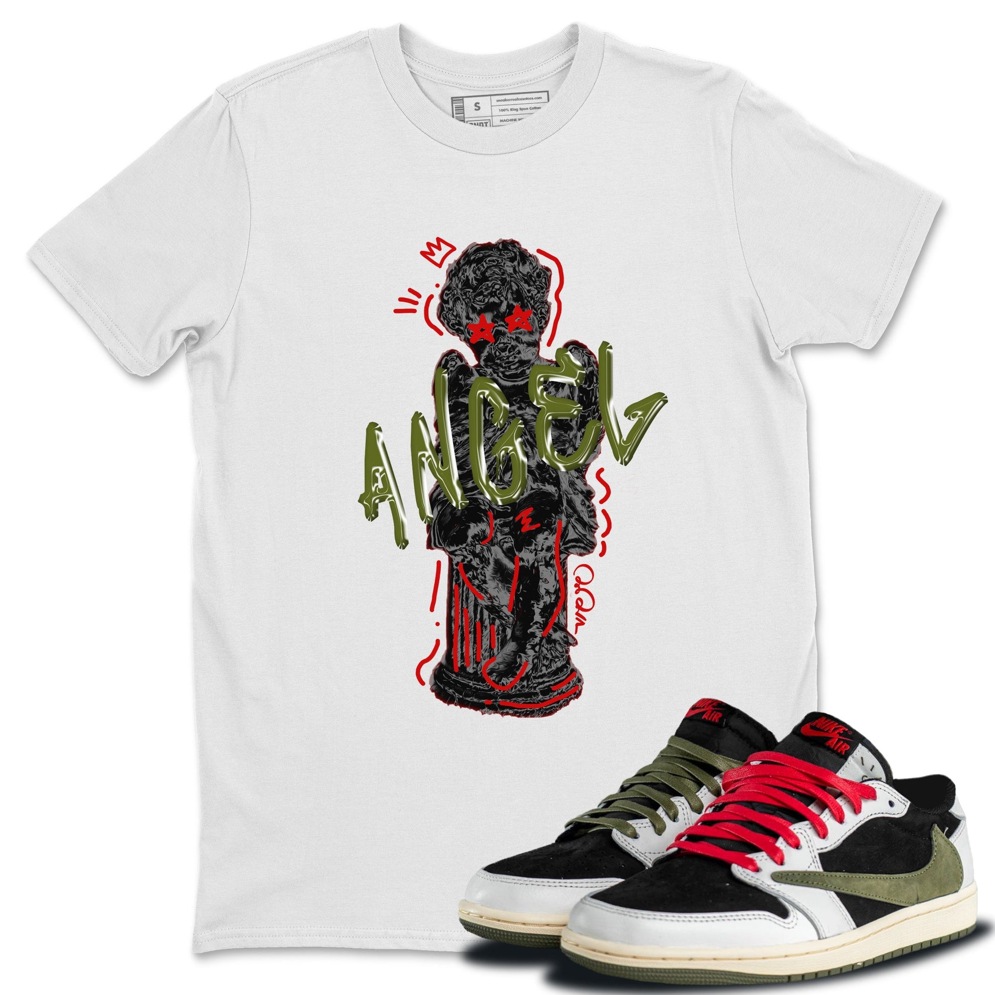 Air Jordan 1 Travis Scott Olive Sneaker Match Tees Baby Angel Sneaker Tees AJ1 OG Travis Scott Olive Sneaker Release Tees Unisex Shirts White 1