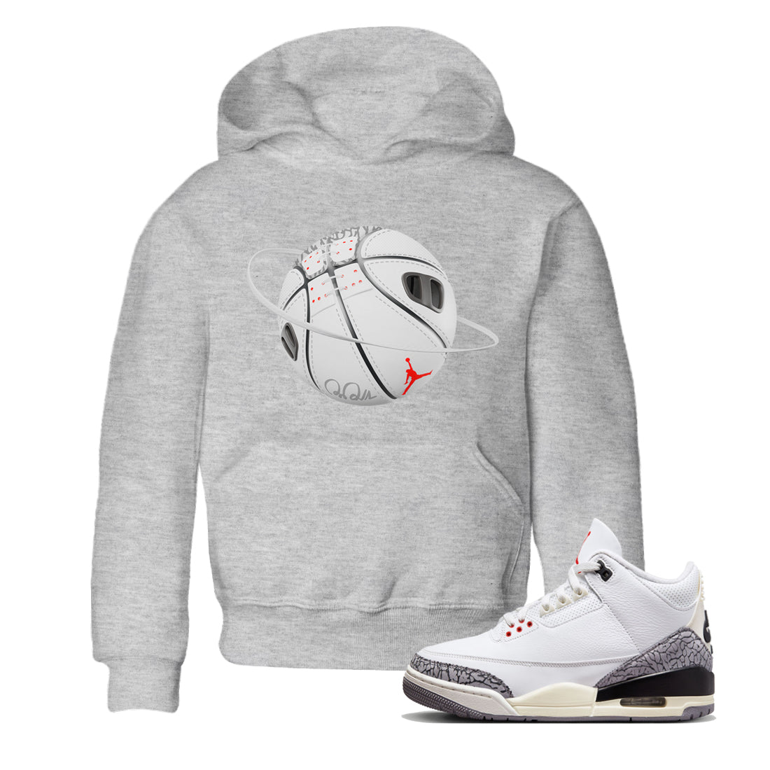 Air Jordan 3 White Cement Sneaker Match Tees Basketball Planet Sneaker Tees AJ3 White Cement Sneaker Release Tees Kids Shirts Heather Grey 1