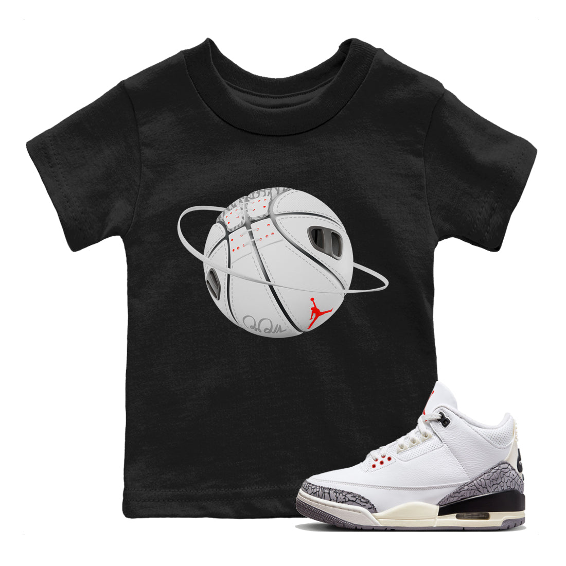 Air Jordan 3 White Cement Sneaker Match Tees Basketball Planet Sneaker Tees AJ3 White Cement Sneaker Release Tees Kids Shirts Black 1