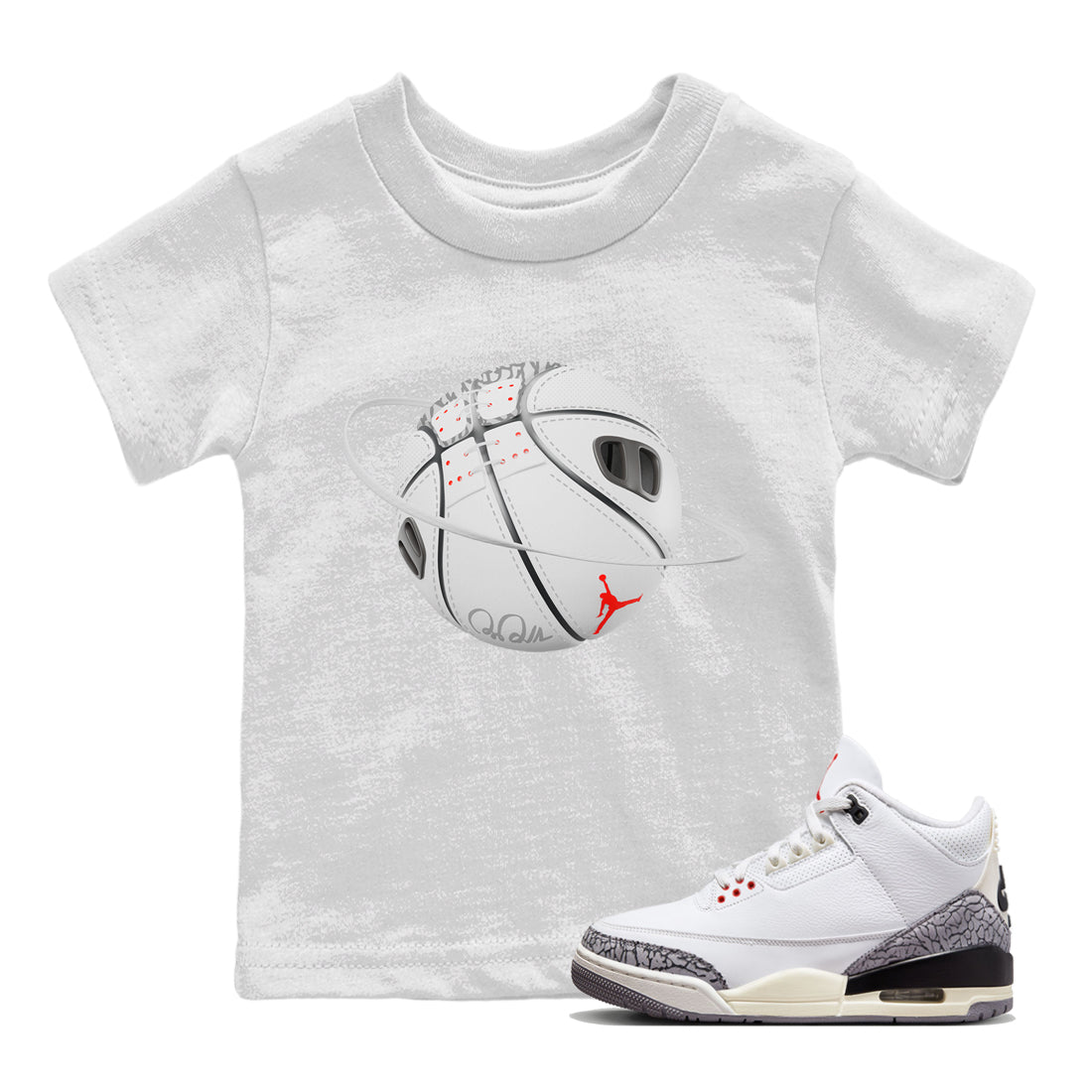 Air Jordan 3 White Cement Sneaker Match Tees Basketball Planet Sneaker Tees AJ3 White Cement Sneaker Release Tees Kids Shirts White 1