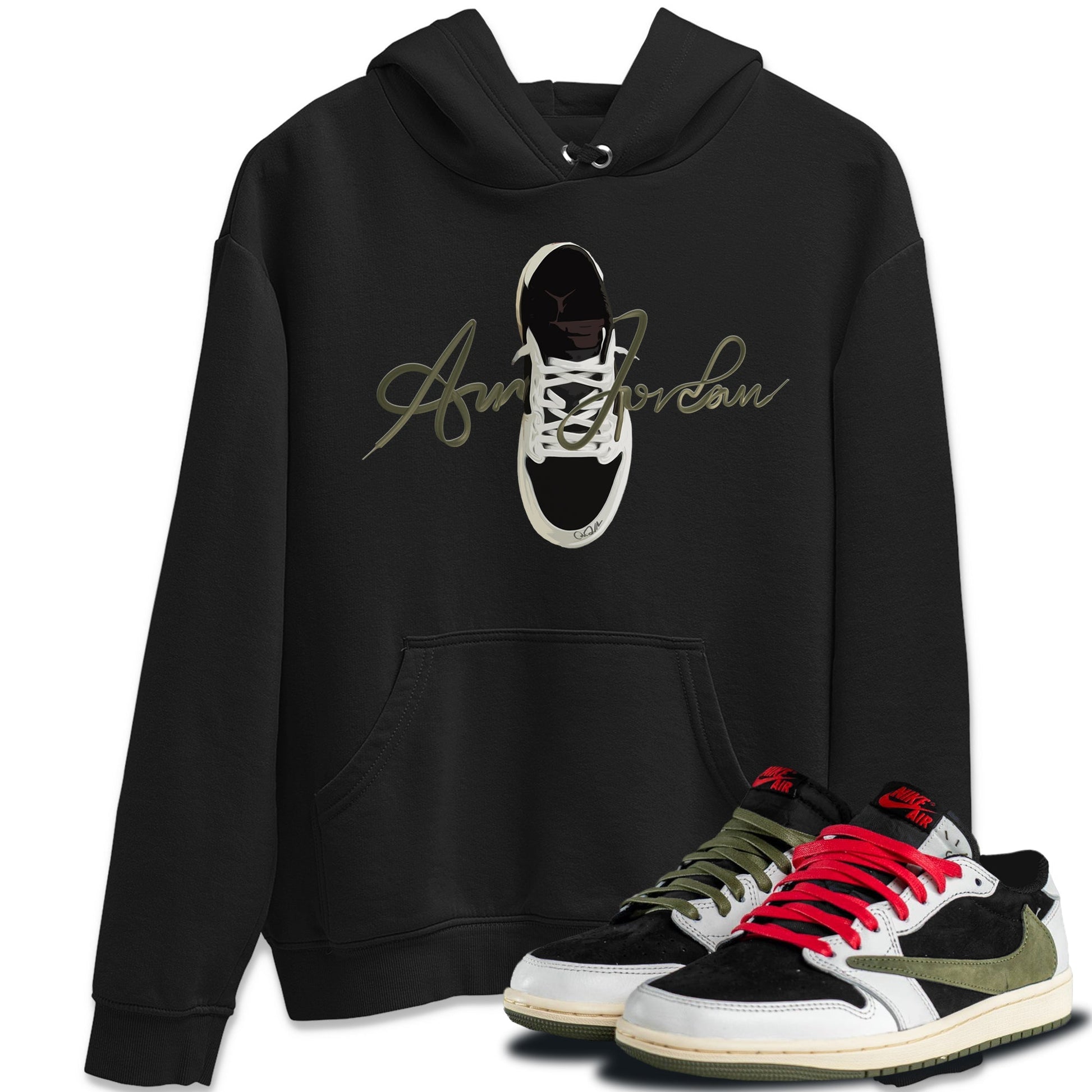 Jordan 1 Travis Scott Olive Sneaker Match Tees Caligraphy Shoe Lace Sneaker Tees Jordan 1 Travis Scott Olive Sneaker Release Tees Unisex Shirts