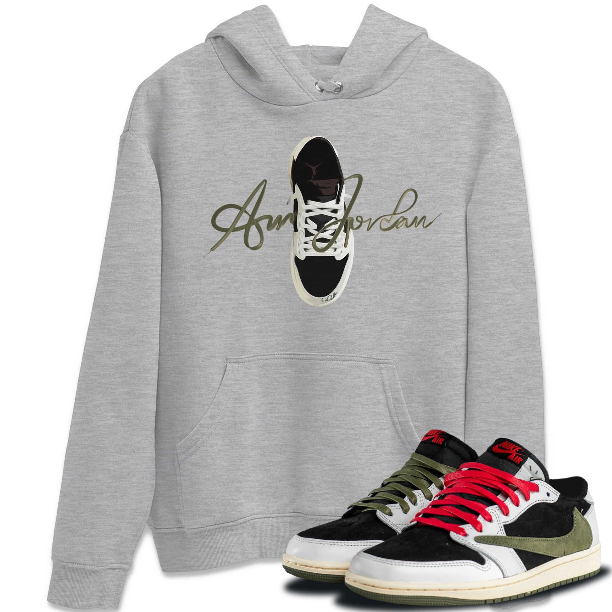 Jordan 1 Travis Scott Olive Sneaker Match Tees Caligraphy Shoe Lace Sneaker Tees Jordan 1 Travis Scott Olive Sneaker Release Tees Unisex Shirts