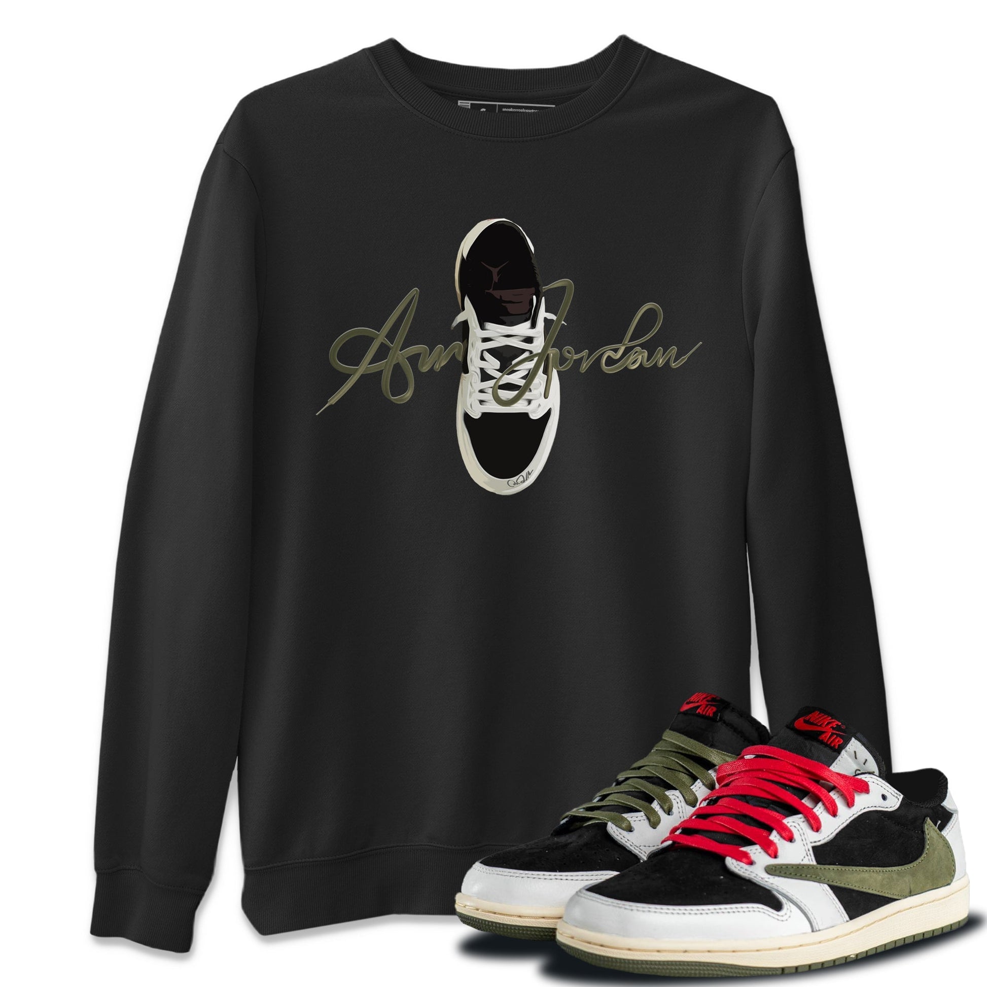 Jordan 1 Travis Scott Olive Sneaker Match Tees Caligraphy Shoe Lace Sneaker Tees Jordan 1 Travis Scott Olive Sneaker Release Tees Unisex Shirts