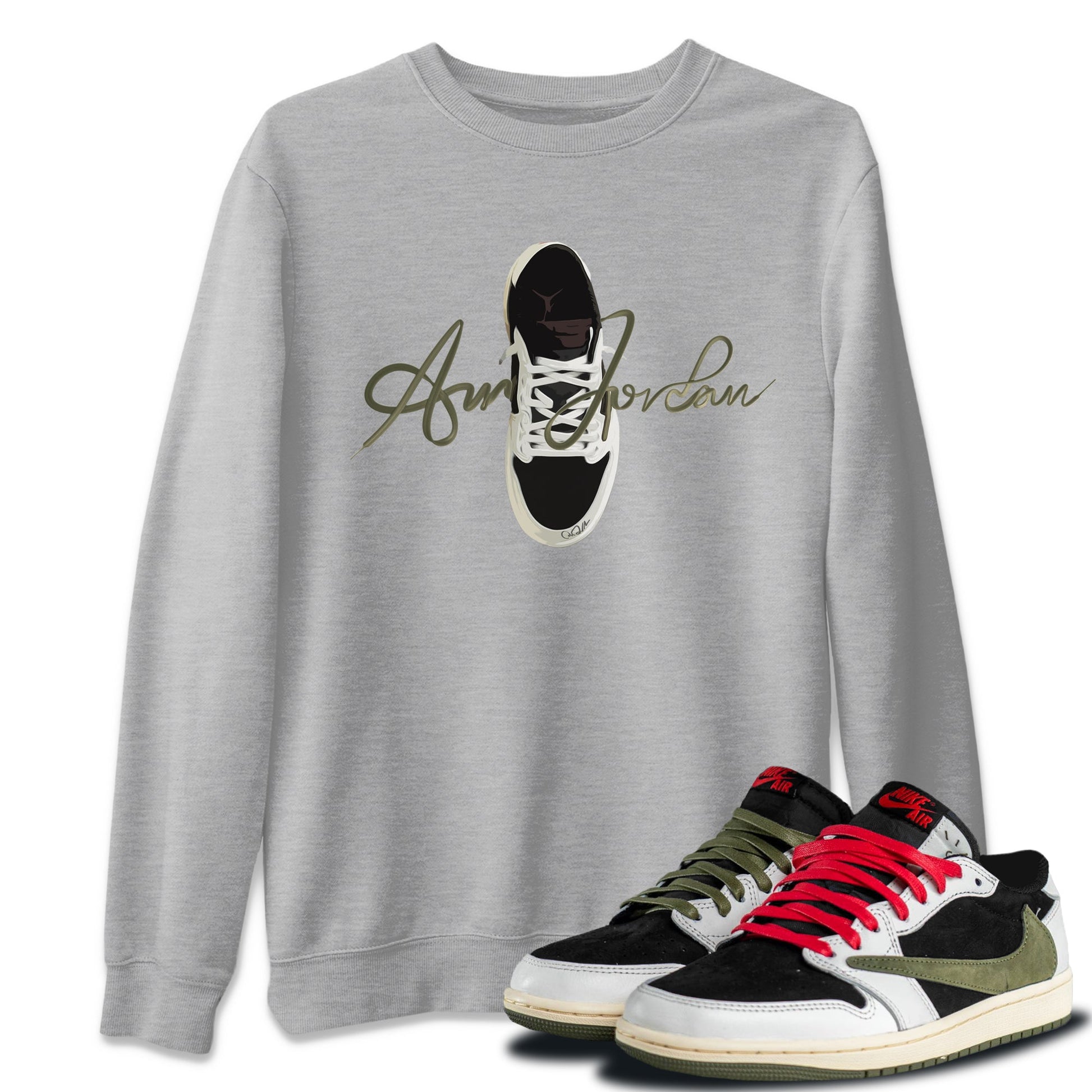 Jordan 1 Travis Scott Olive Sneaker Match Tees Caligraphy Shoe Lace Sneaker Tees Jordan 1 Travis Scott Olive Sneaker Release Tees Unisex Shirts
