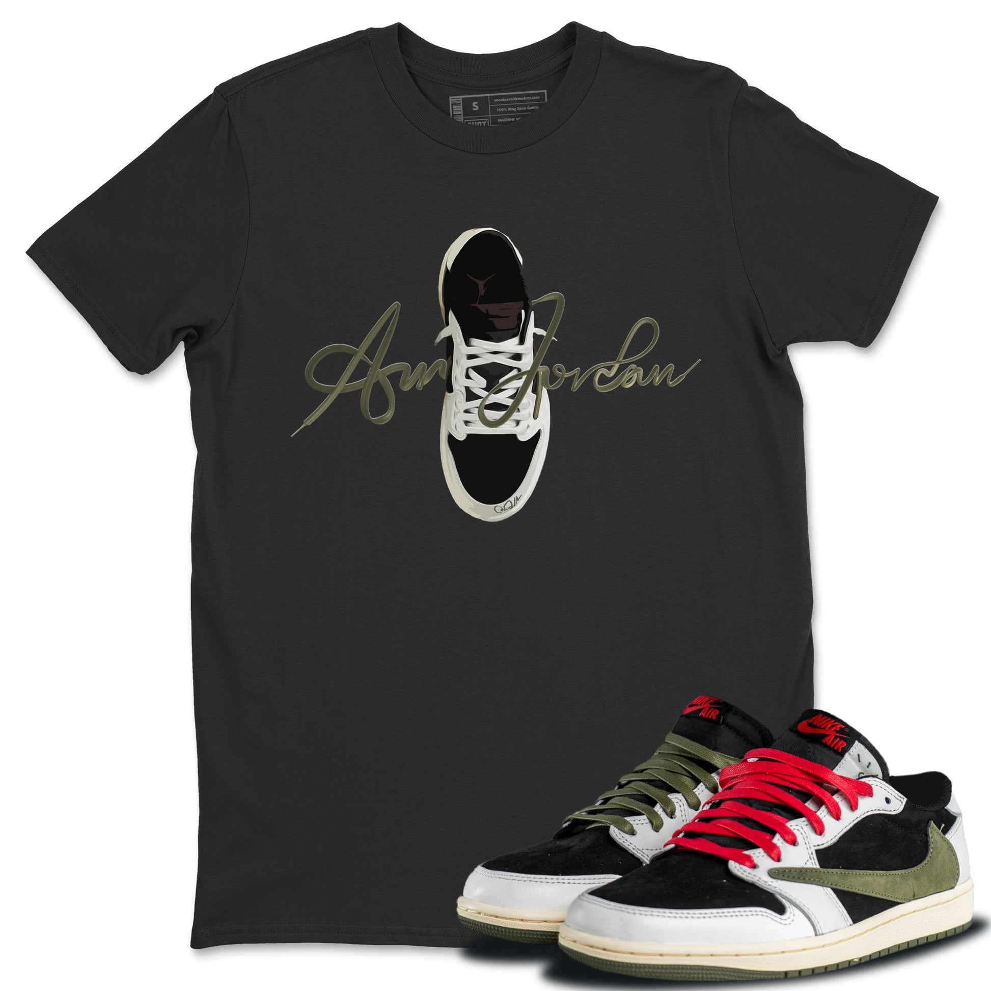 Jordan 1 Travis Scott Olive Sneaker Match Tees Caligraphy Shoe Lace Sneaker Tees Jordan 1 Travis Scott Olive Sneaker Release Tees Unisex Shirts