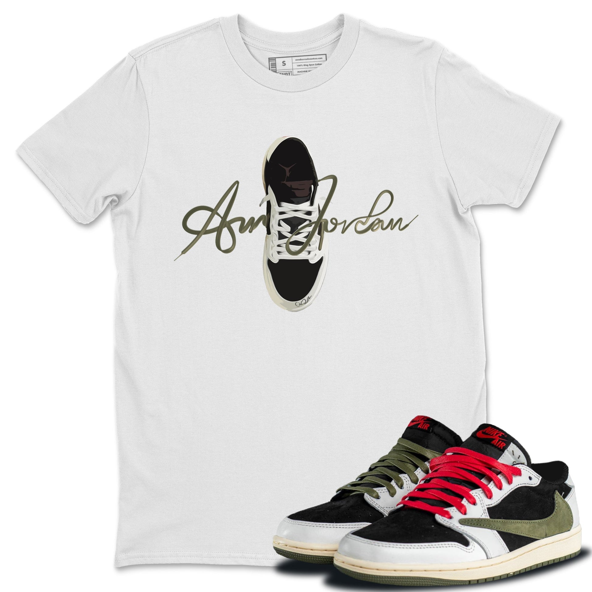 Jordan 1 Travis Scott Olive Sneaker Match Tees Caligraphy Shoe Lace Sneaker Tees Jordan 1 Travis Scott Olive Sneaker Release Tees Unisex Shirts