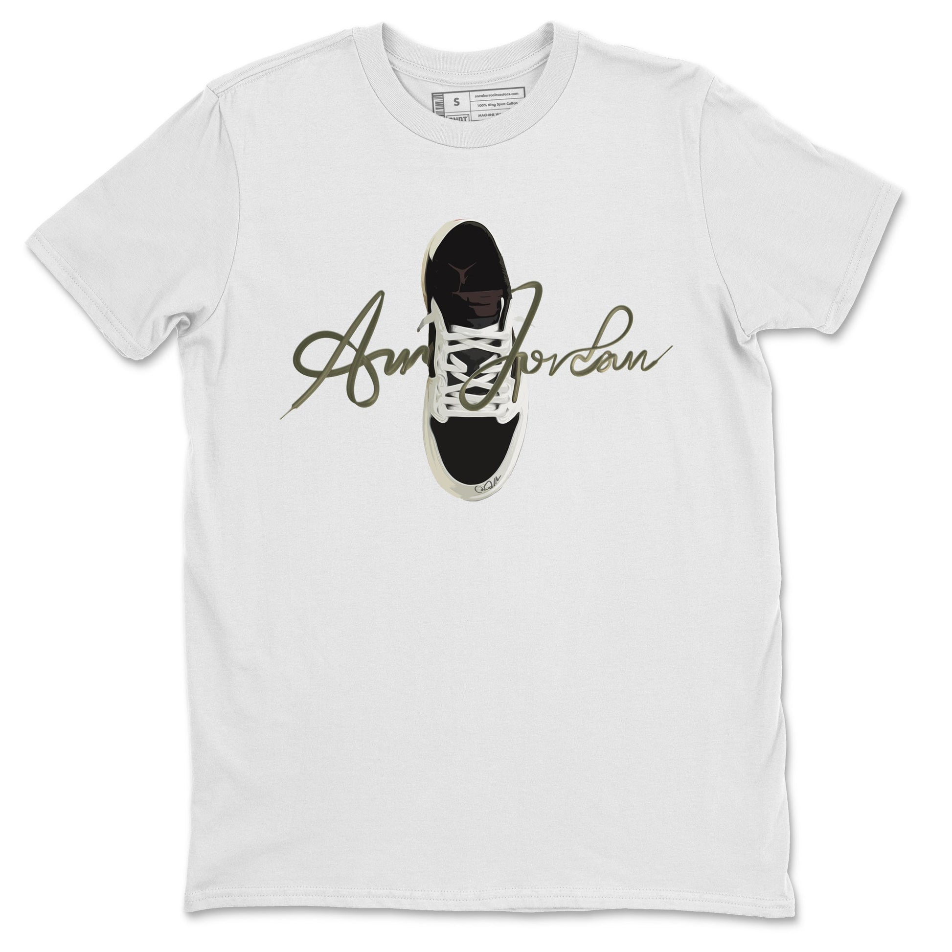 Jordan 1 Travis Scott Olive Sneaker Match Tees Caligraphy Shoe Lace Sneaker Tees Jordan 1 Travis Scott Olive Sneaker Release Tees Unisex Shirts