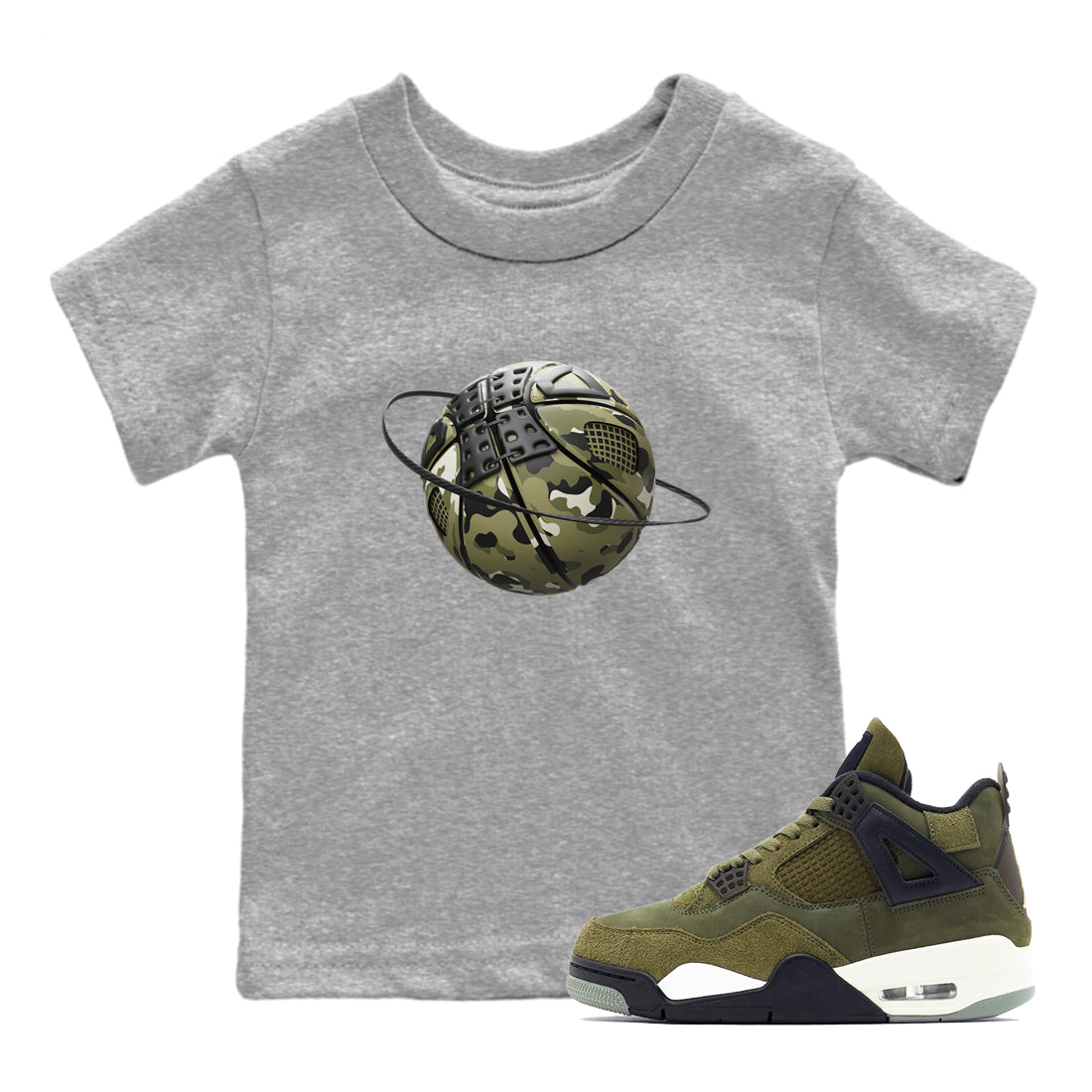 Air Jordan 4 Medium Olive shirt to match jordans Camo Basketball Planet sneaker tees AJ4Medium Olive SNRT Sneaker Release Tees Baby Toddler Heather Grey 1 T-Shirt