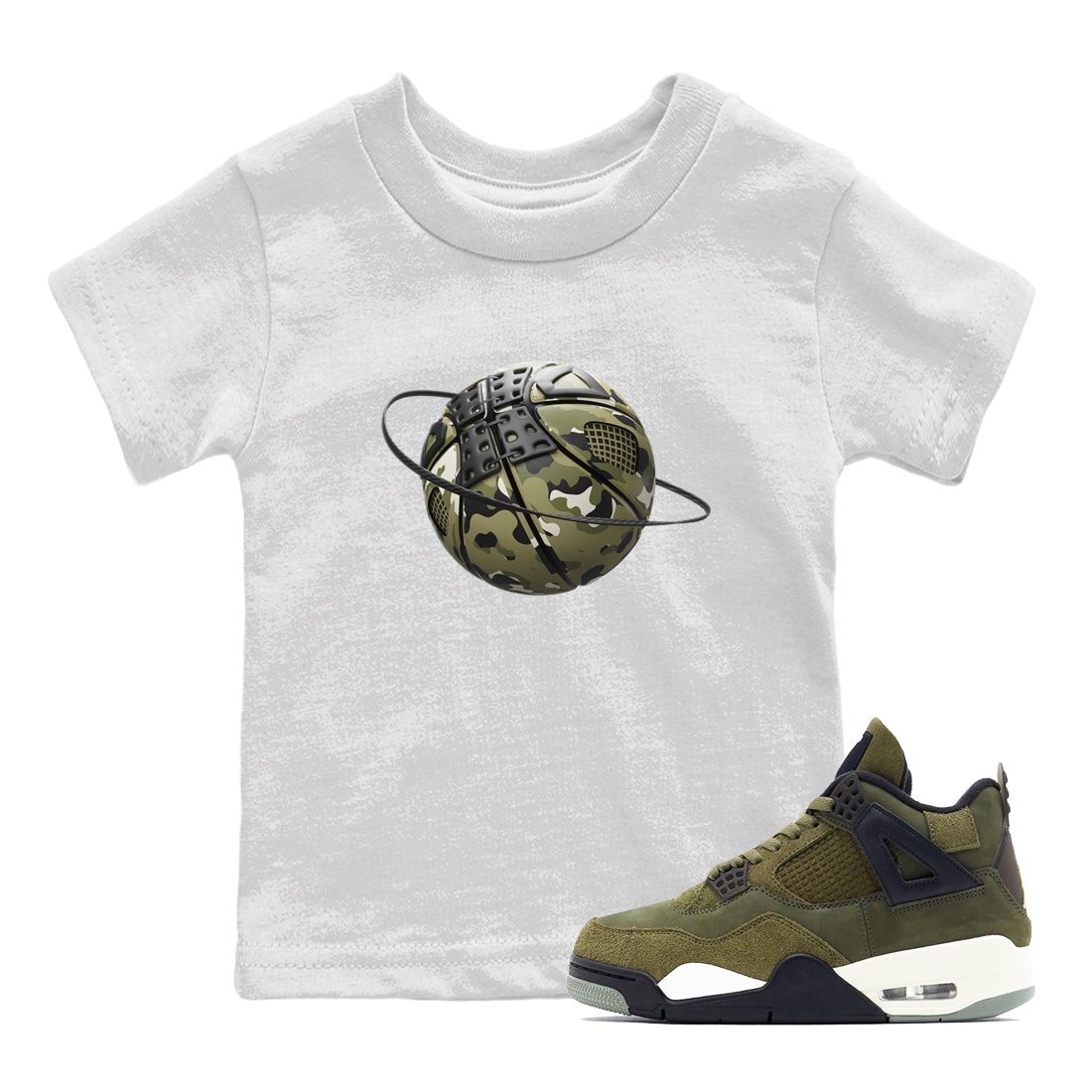 Air Jordan 4 Medium Olive shirt to match jordans Camo Basketball Planet sneaker tees AJ4Medium Olive SNRT Sneaker Release Tees Baby Toddler White 1 T-Shirt