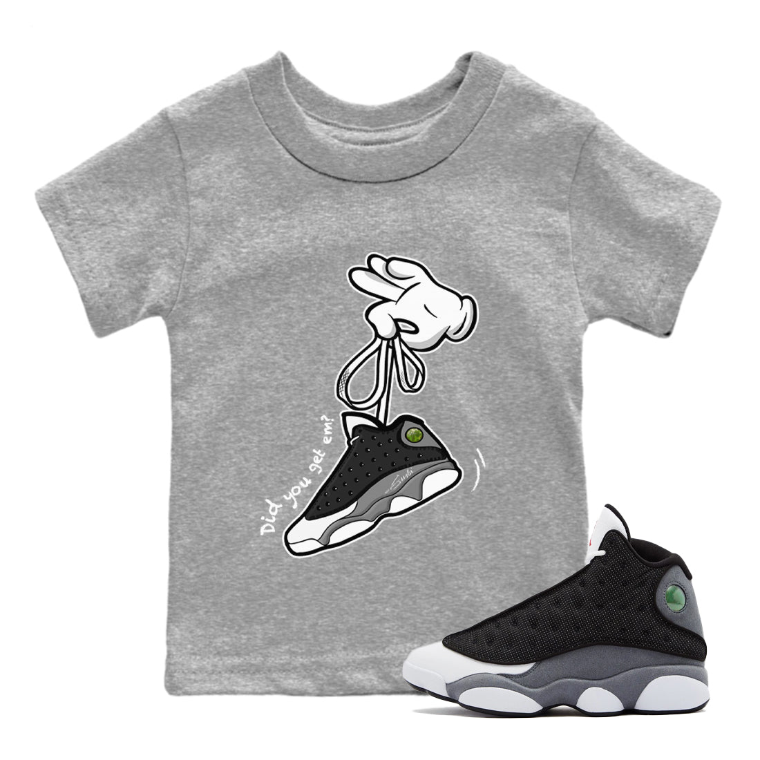 Air Jordan 13 Black Flint Sneaker Match Tees Cartoon Hands Sneaker Tees Air Jordan 13 Retro Black Flint Tee Kids Shirts Heather Grey 1