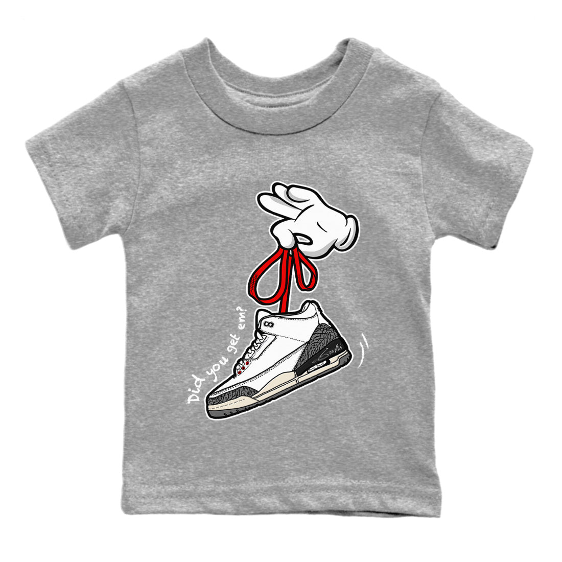 Air Jordan 3 White Cement Sneaker Match Tees Cartoon Hands Sneaker Tees Air Jordan 3 Retro White Cement Sneaker Release Tees Kids Shirts Heather Grey 2