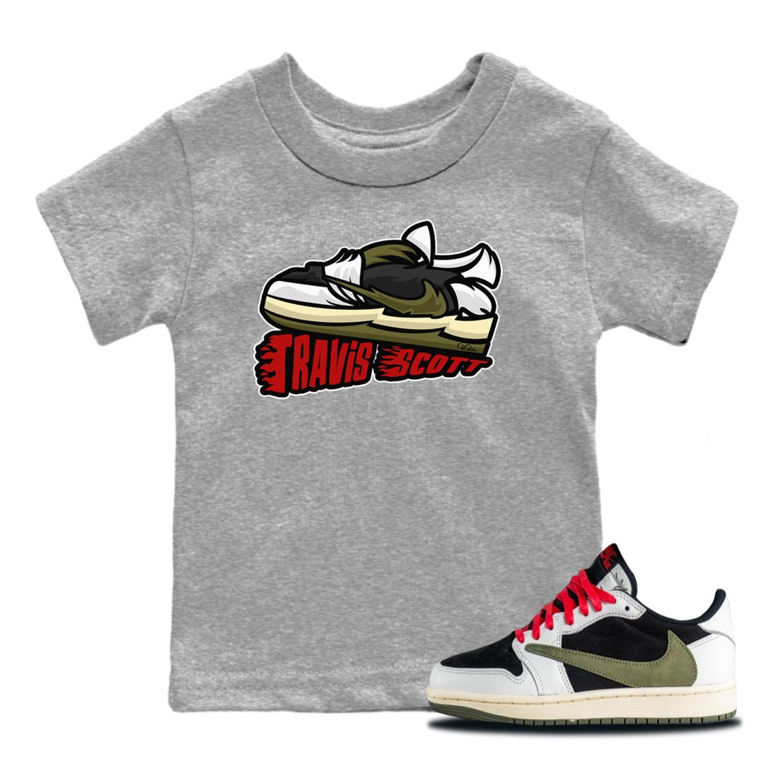 Jordan 1 Travis Scott Olive Sneaker Match Tees Cartoon Shoes Sneaker Tees Jordan 1 Travis Scott Olive Sneaker Release Tees Kids Shirts