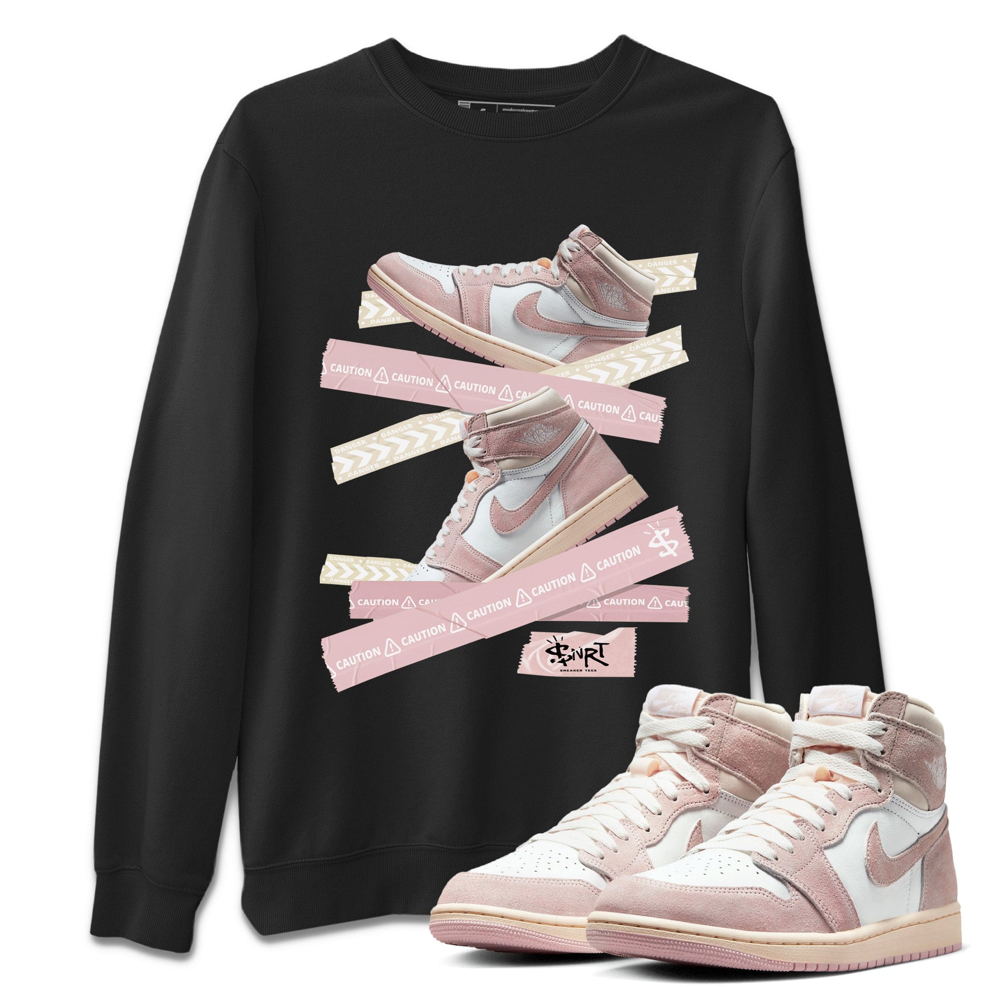 Air Jordan 1 Washed Pink Sneaker Match Tees Caution Tape Sneaker Tees Air Jordan 1 High OG WMNS Washed Pink Sneaker Release Tees Unisex Shirts Black 1