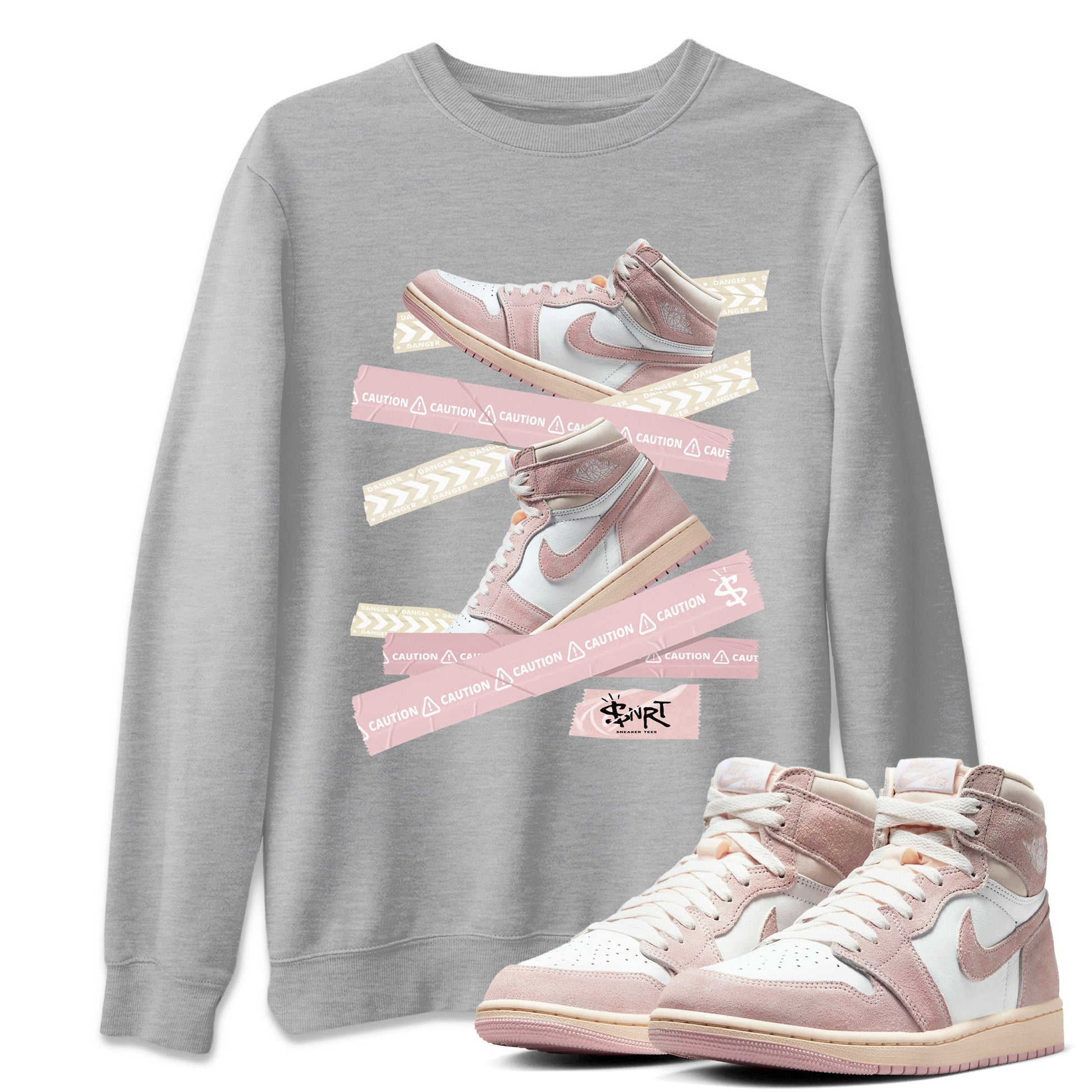 Air Jordan 1 Washed Pink Sneaker Match Tees Caution Tape Sneaker Tees Air Jordan 1 High OG WMNS Washed Pink Sneaker Release Tees Unisex Shirts Heather Grey 1