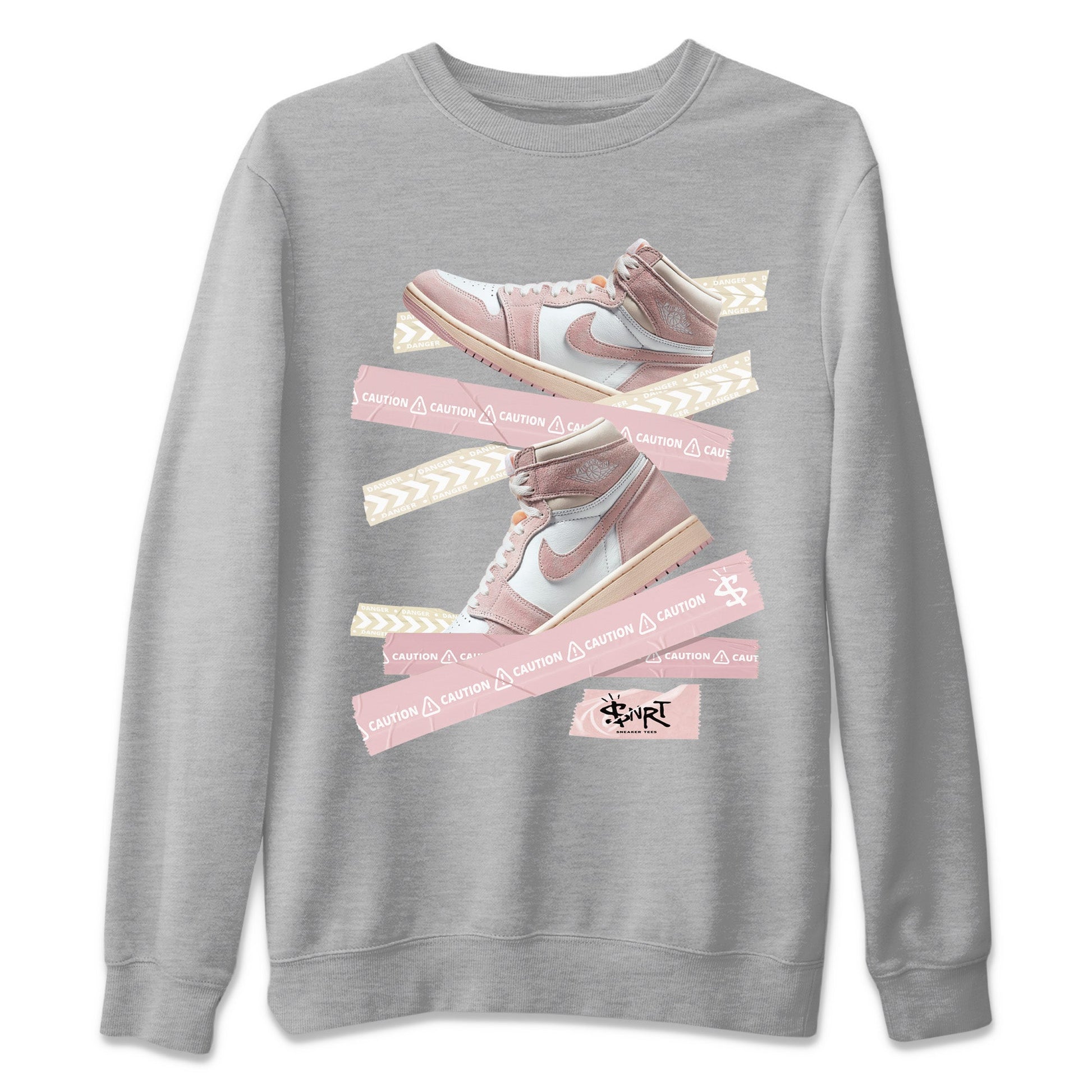 Air Jordan 1 Washed Pink Sneaker Match Tees Caution Tape Sneaker Tees Air Jordan 1 High OG WMNS Washed Pink Sneaker Release Tees Unisex Shirts Heather Grey 2